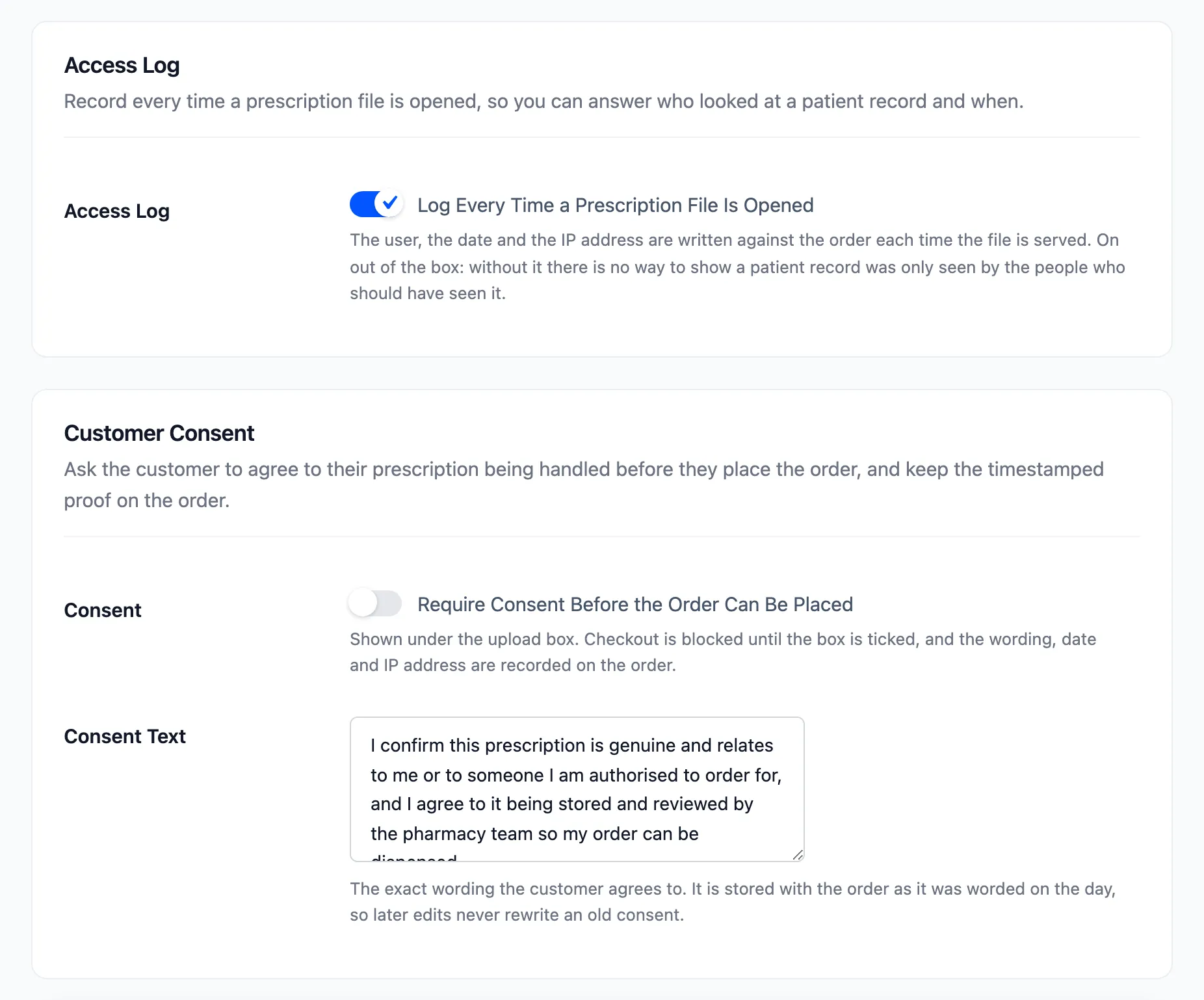 The Access Log and Customer Consent settings