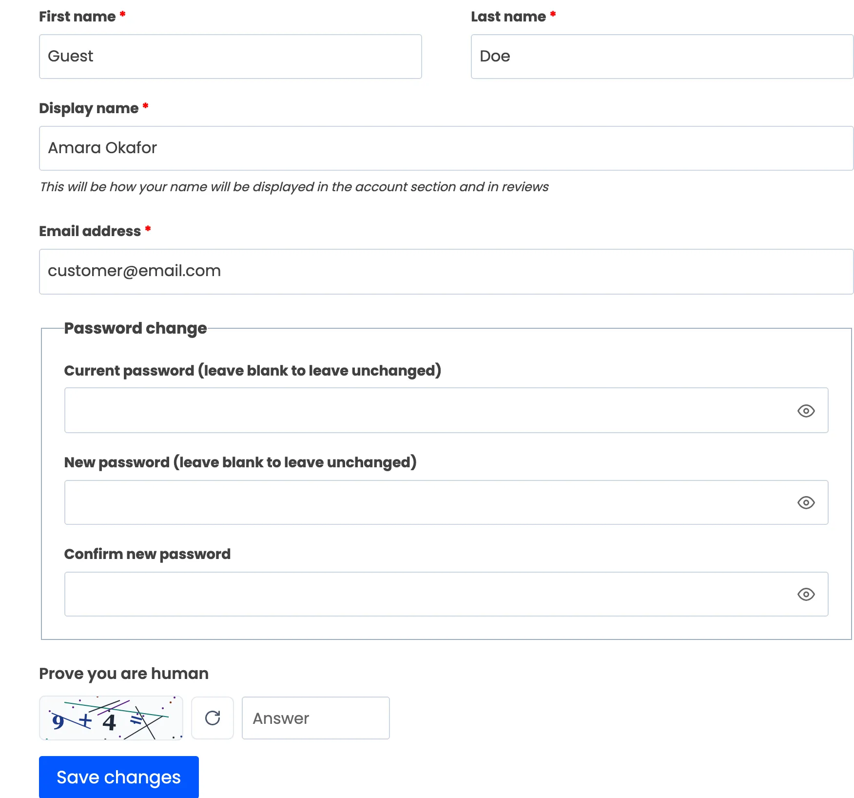 The Account Details form with the CAPTCHA above Save changes