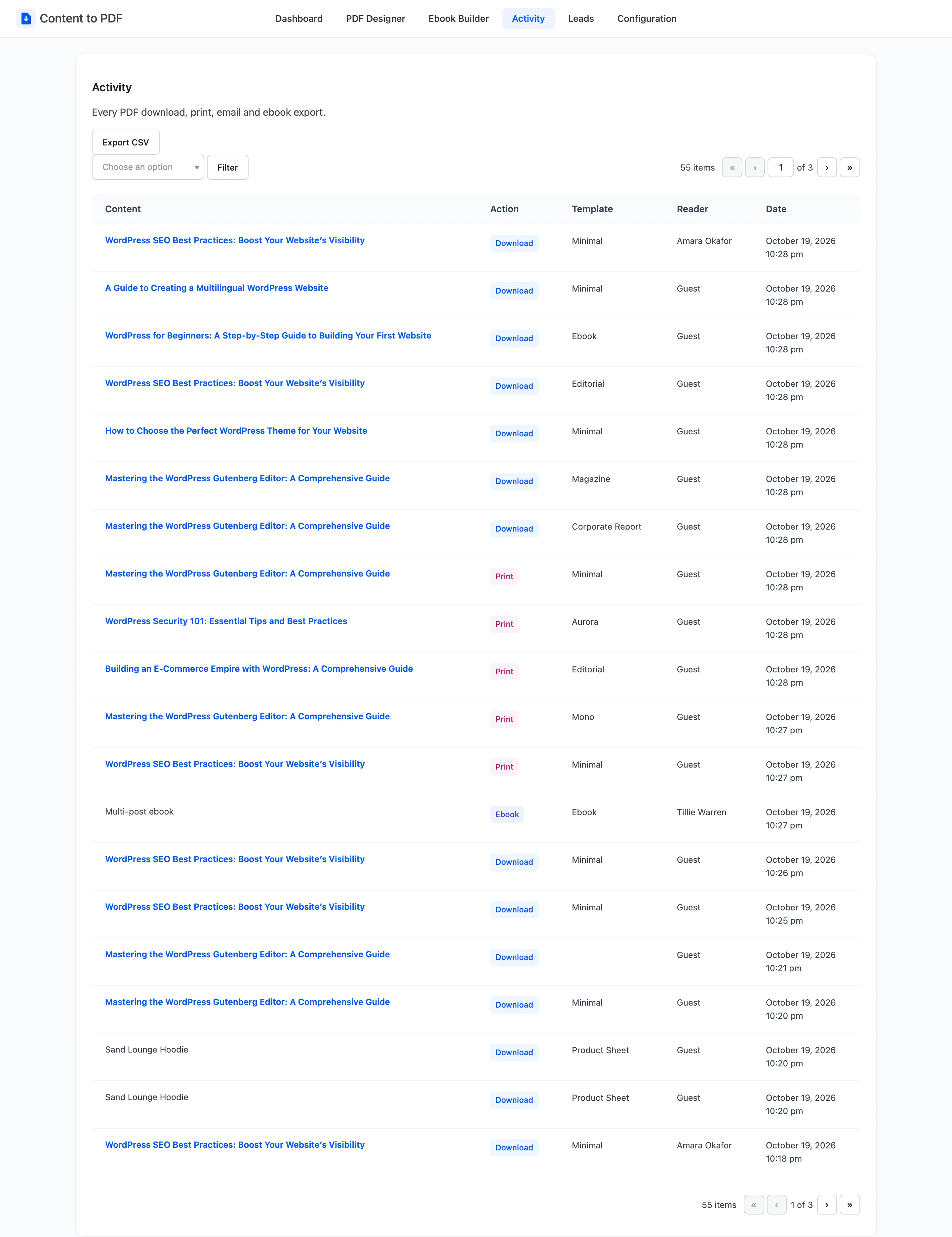 The Activity screen