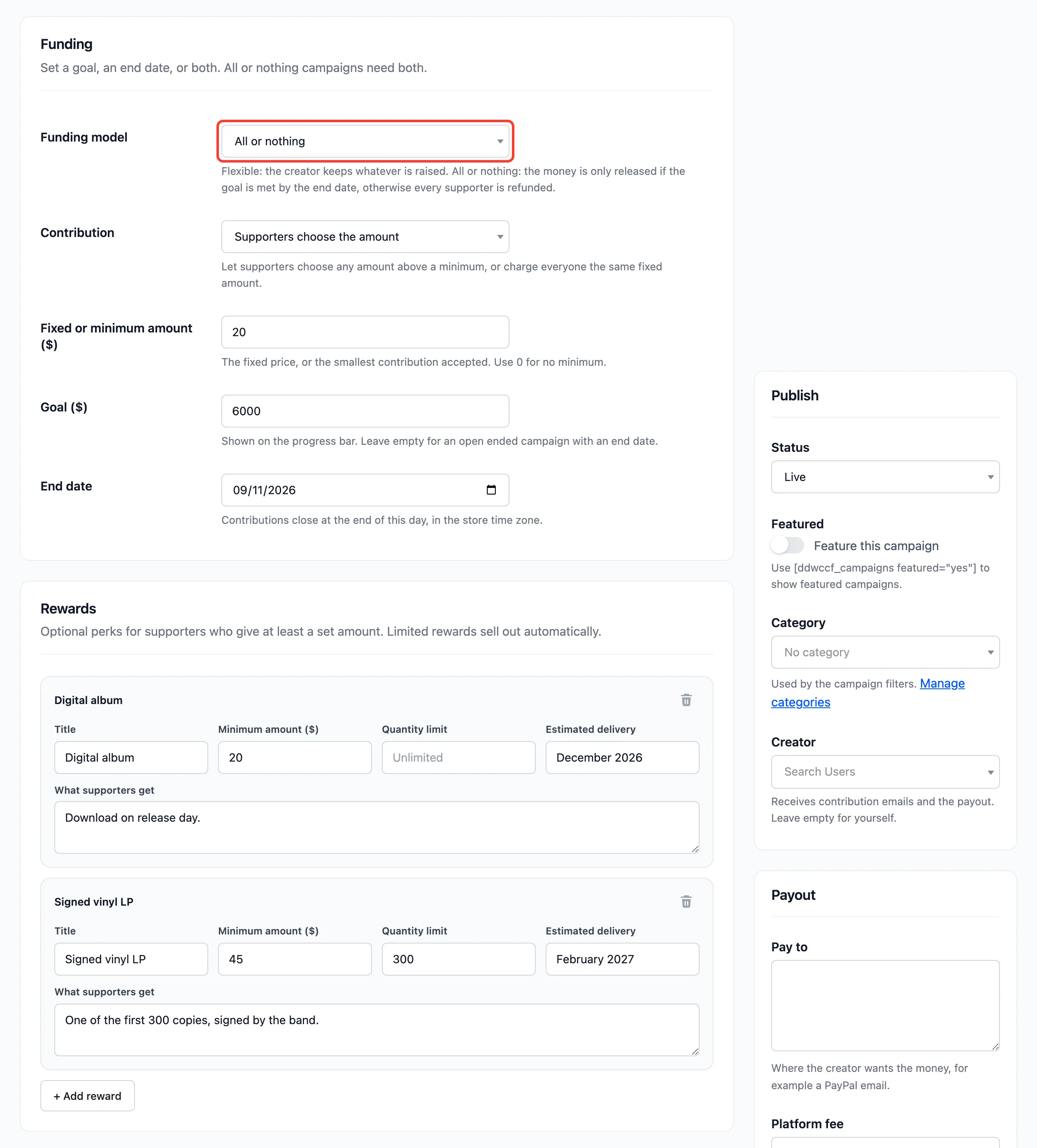 The Funding section with All or nothing selected