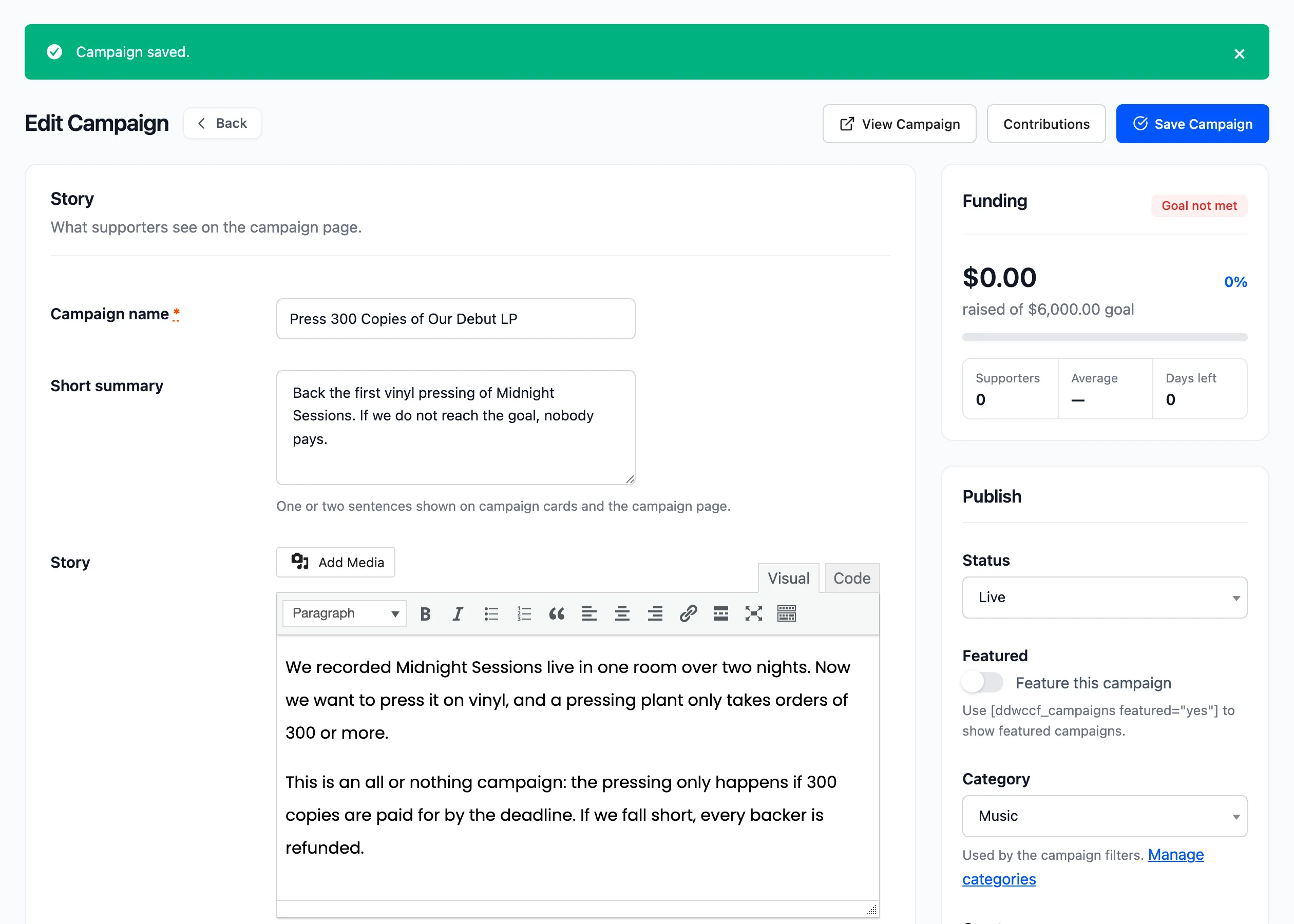 A saved campaign with View Campaign and Contributions in the top bar