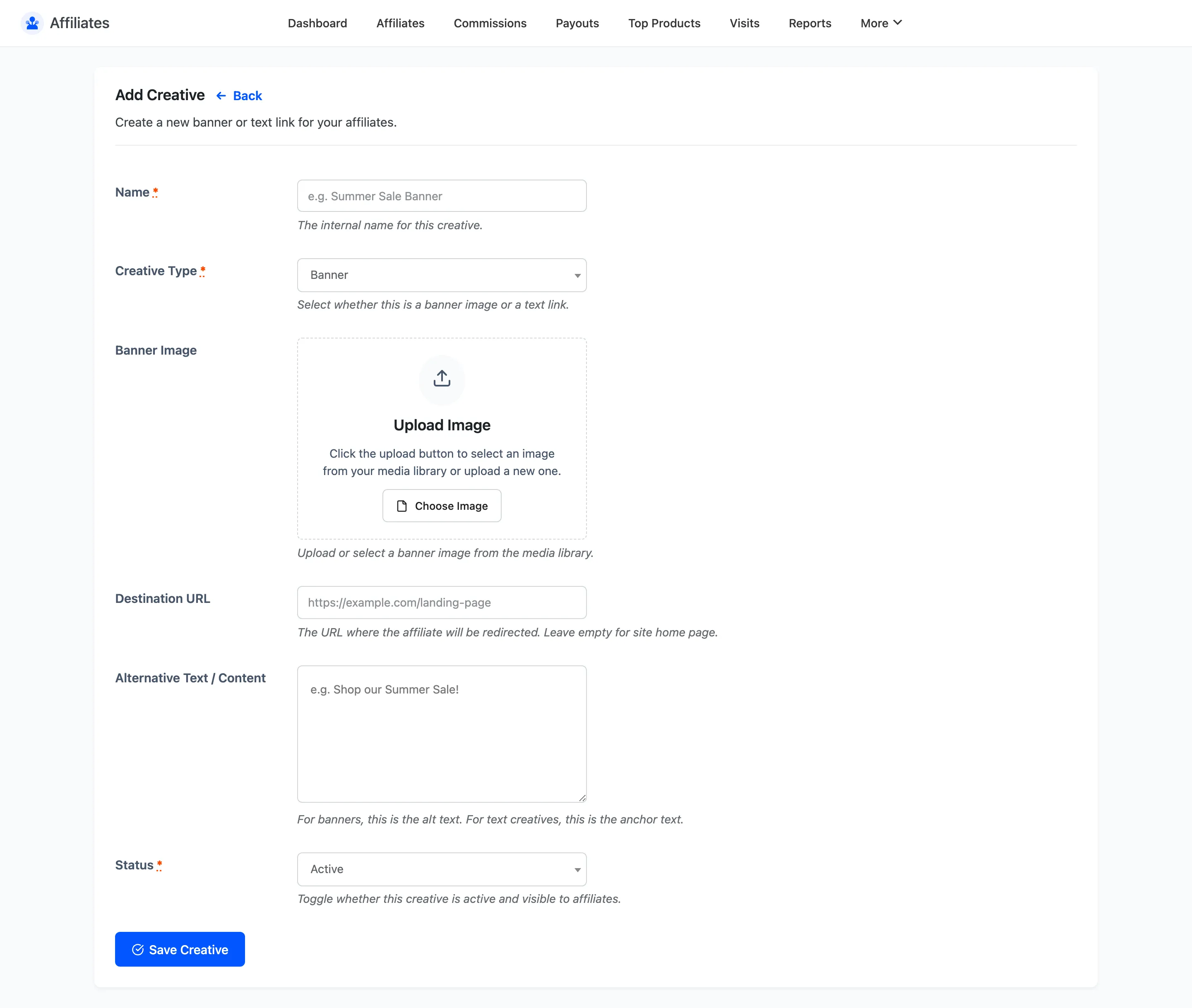 The Add Creative form with name, type, banner image, destination URL, alternative text and status fields