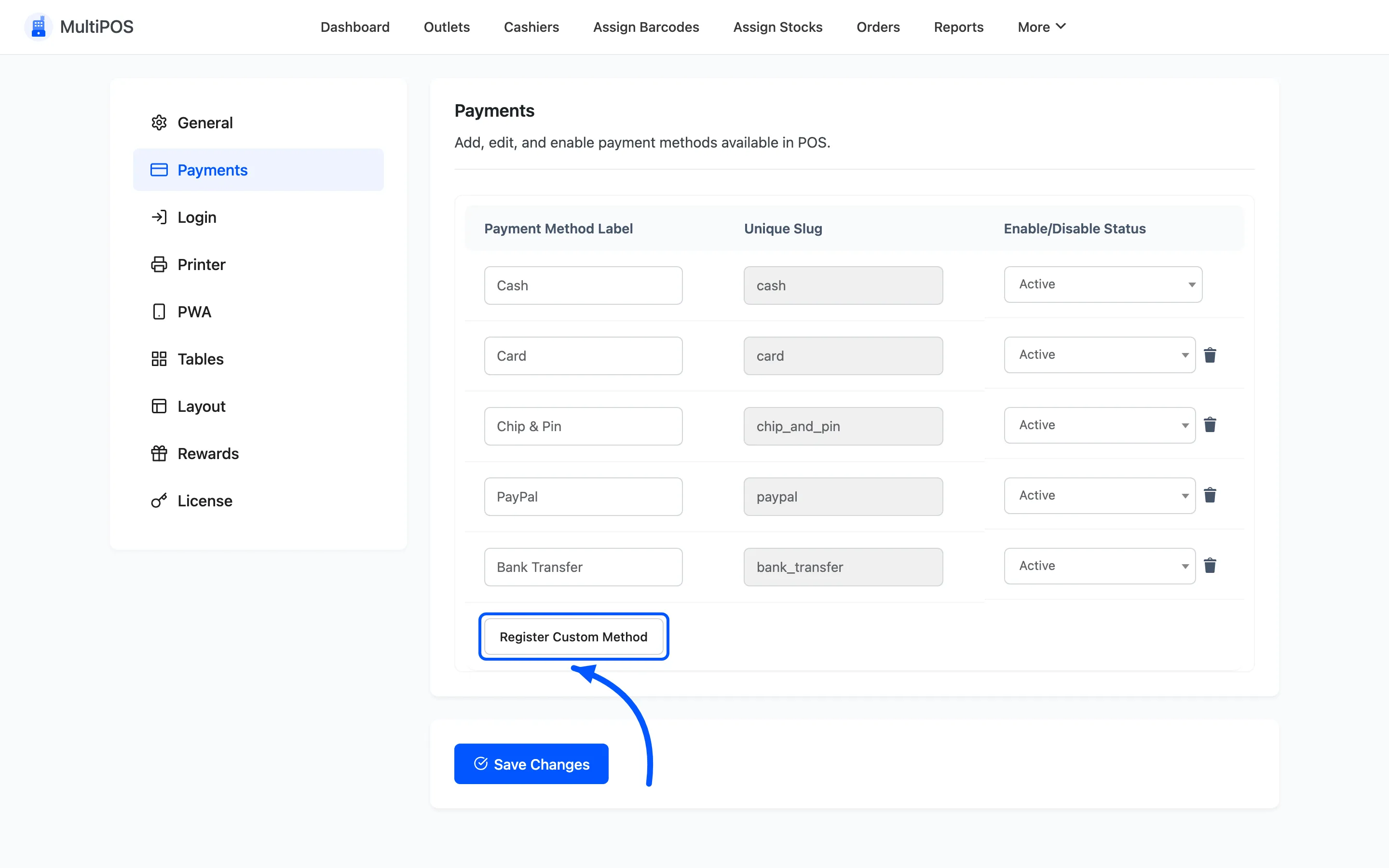 The Add Payment Method button under the payments table