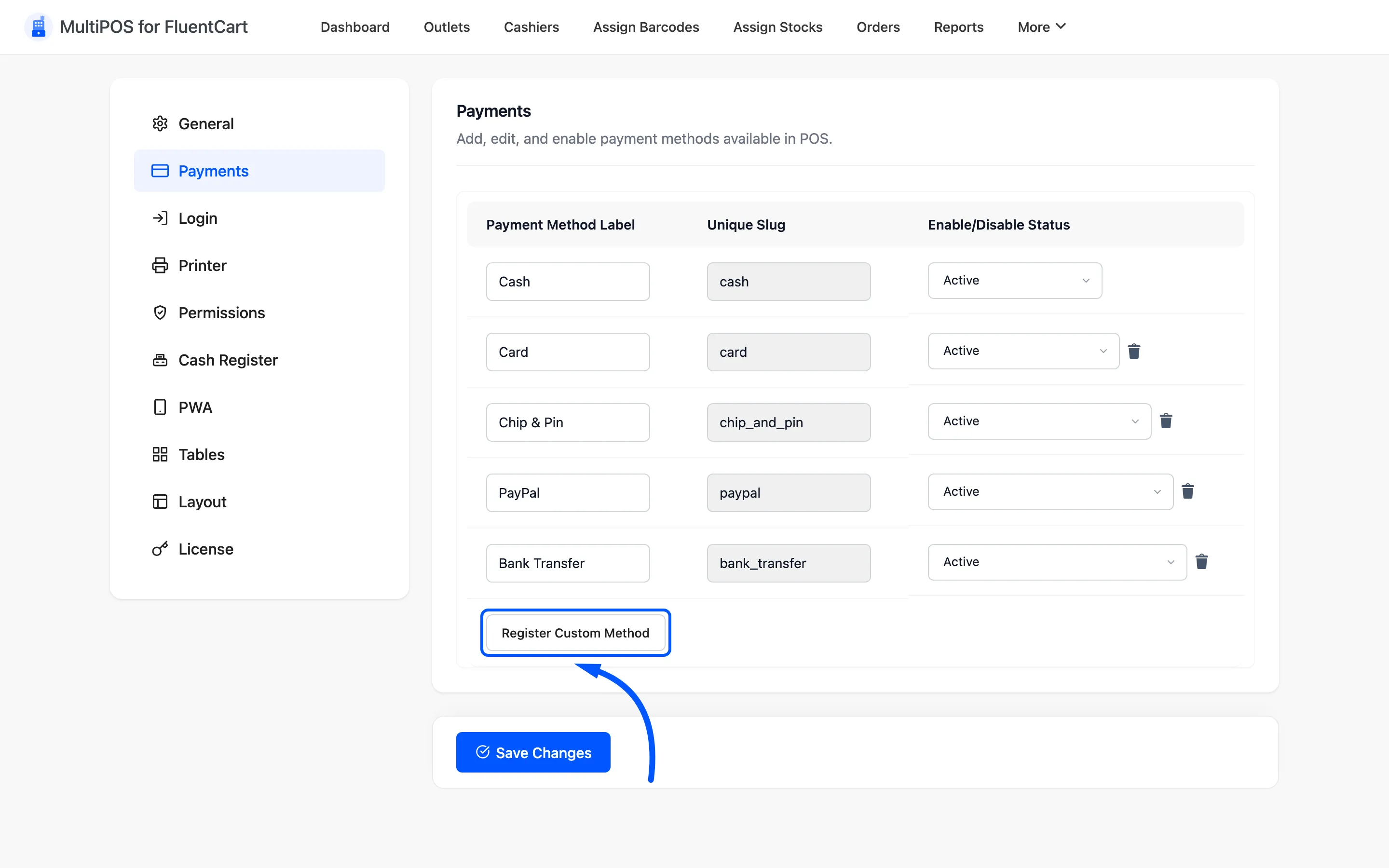 The Register Custom Method button under the payments table
