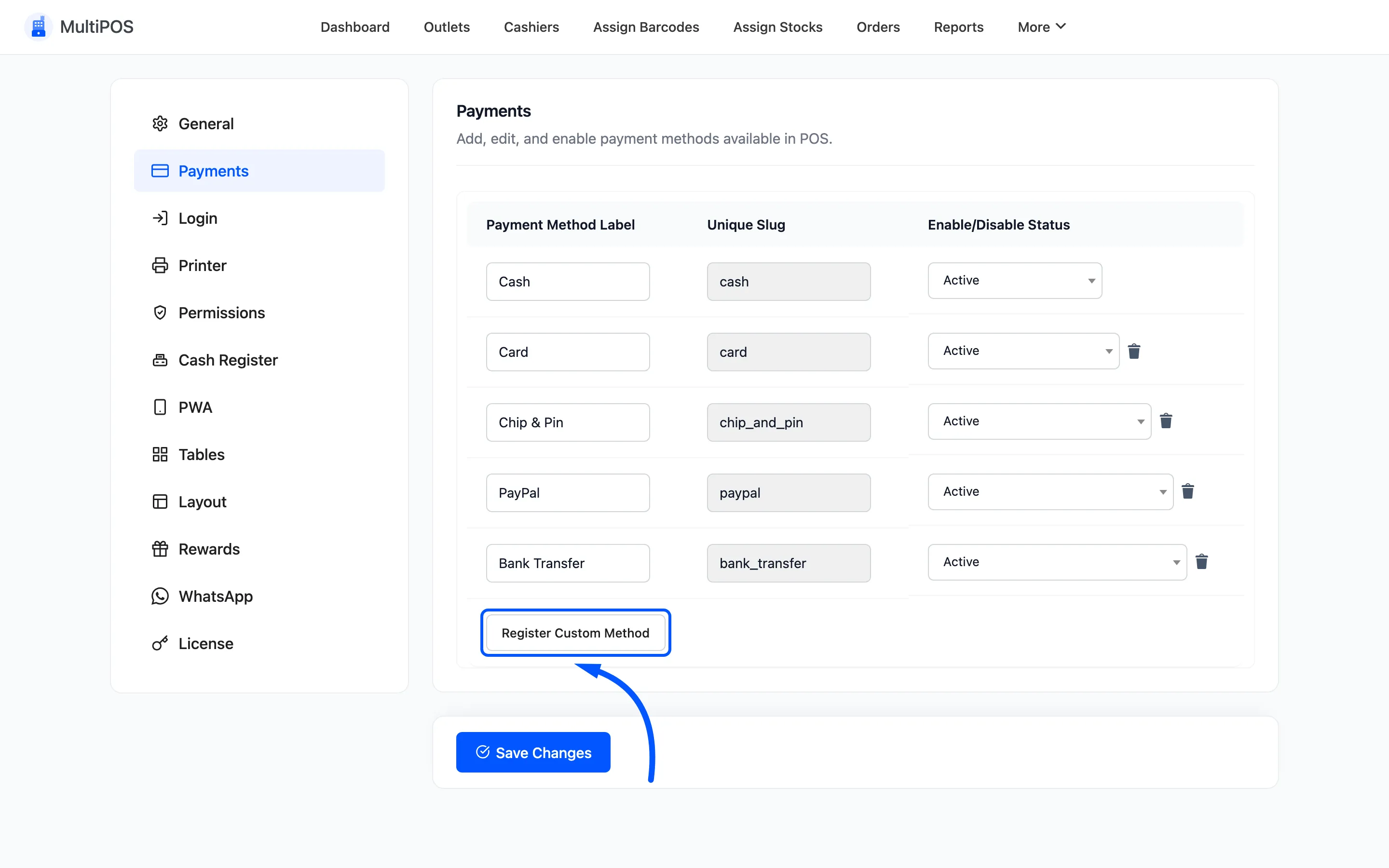 The Add Payment Method button under the payments table