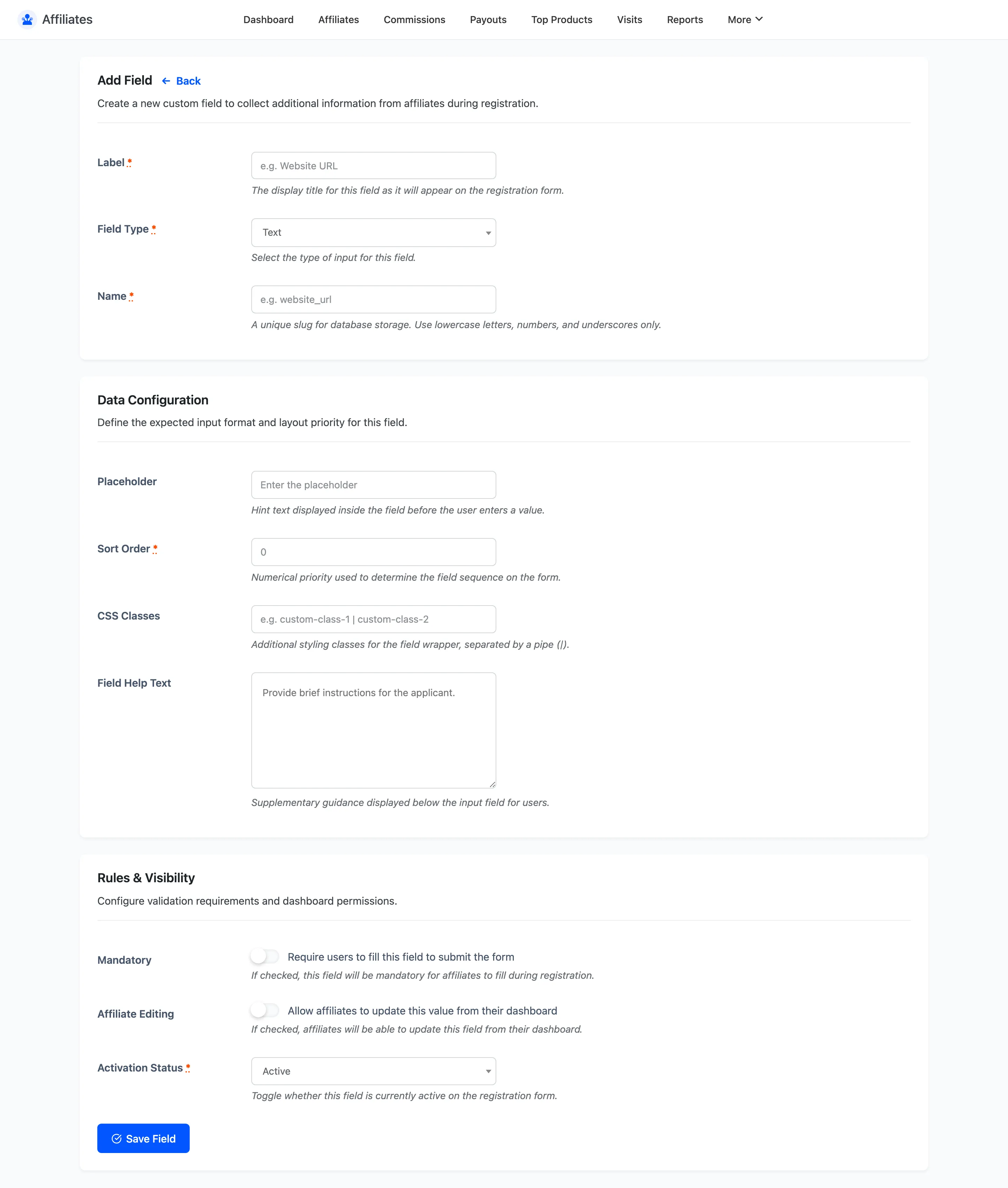 The Add Field form with data configuration and rules sections