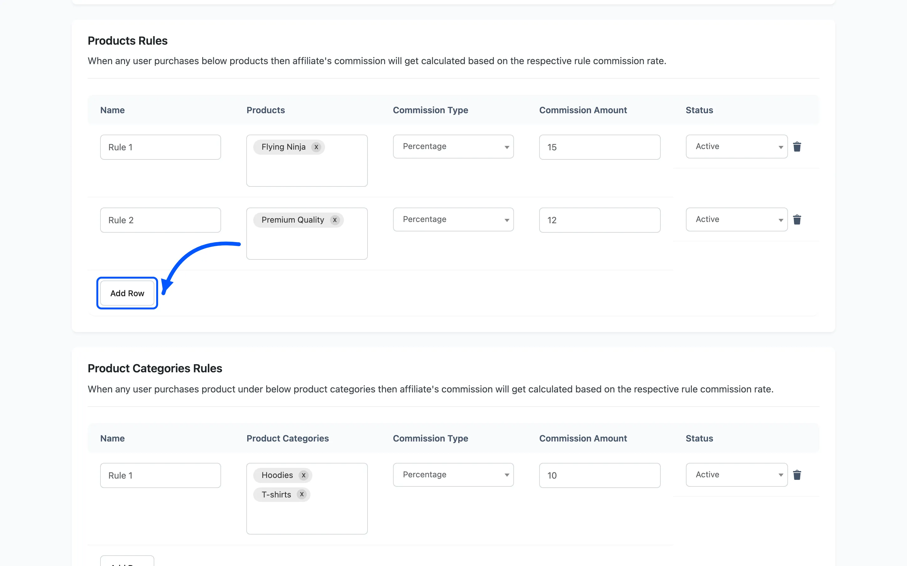 The Add Row button under the product rules table