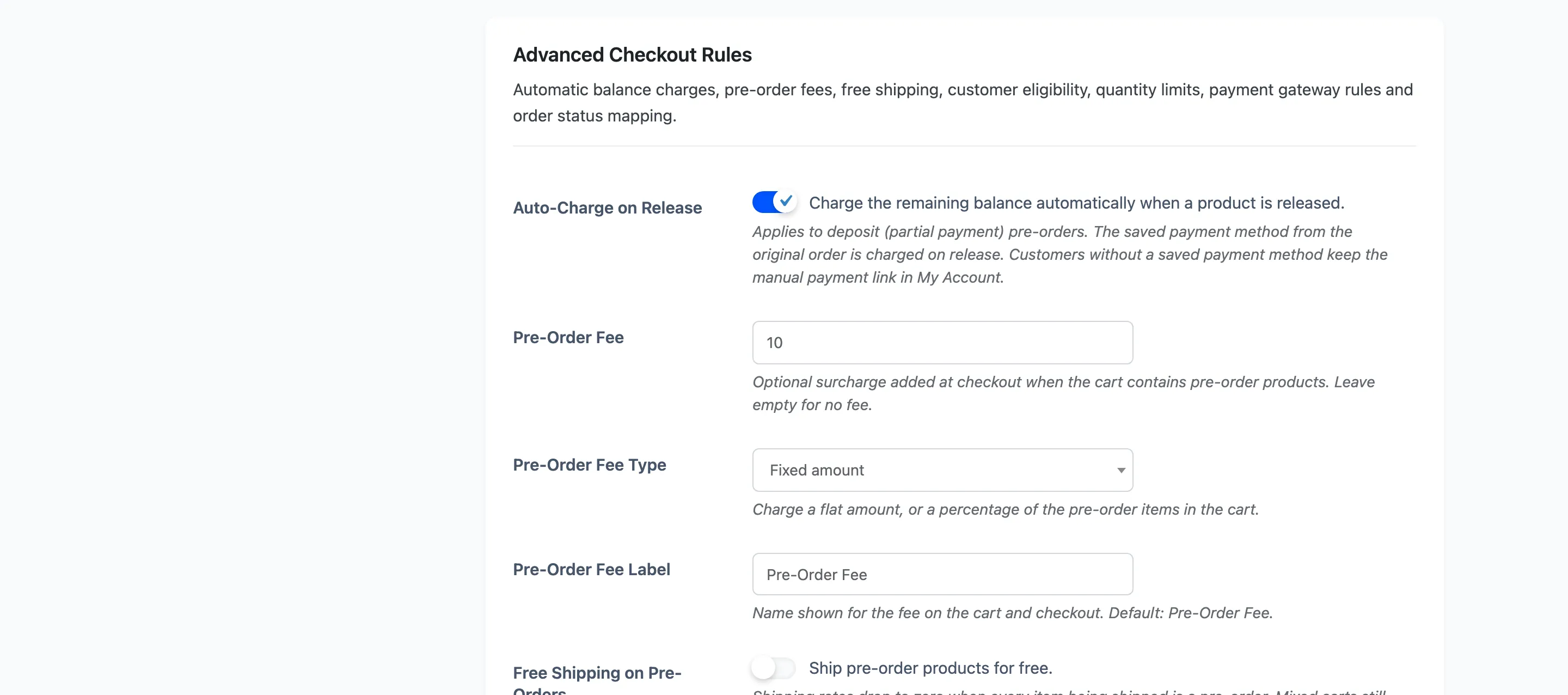 The first part of the Advanced Checkout Rules section