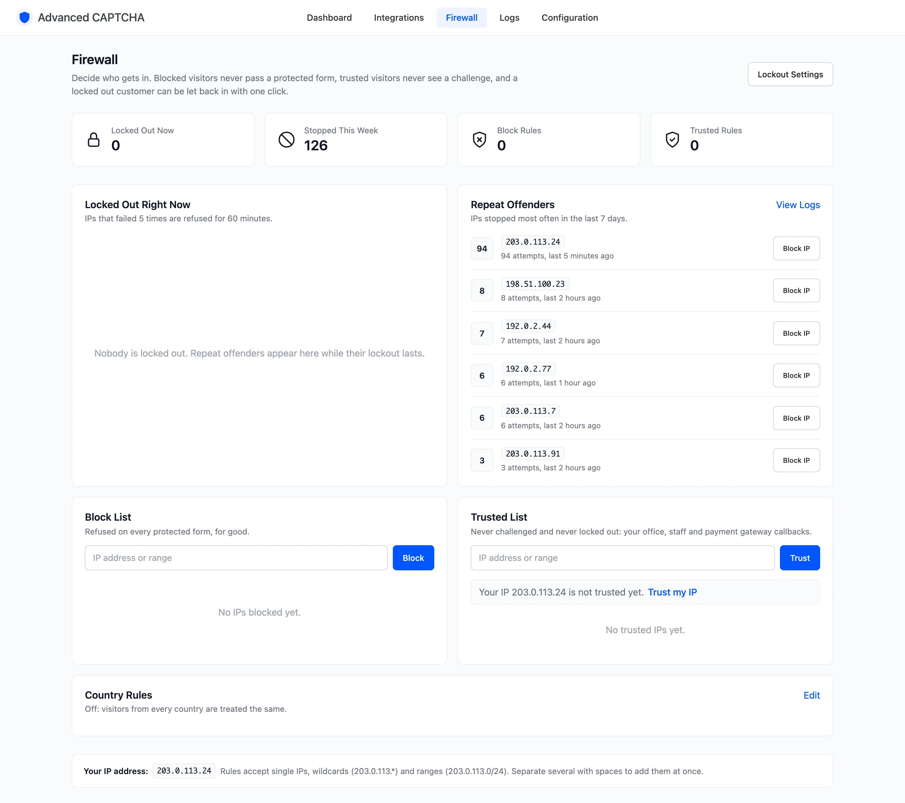 The Firewall screen, with Your IP address at the bottom