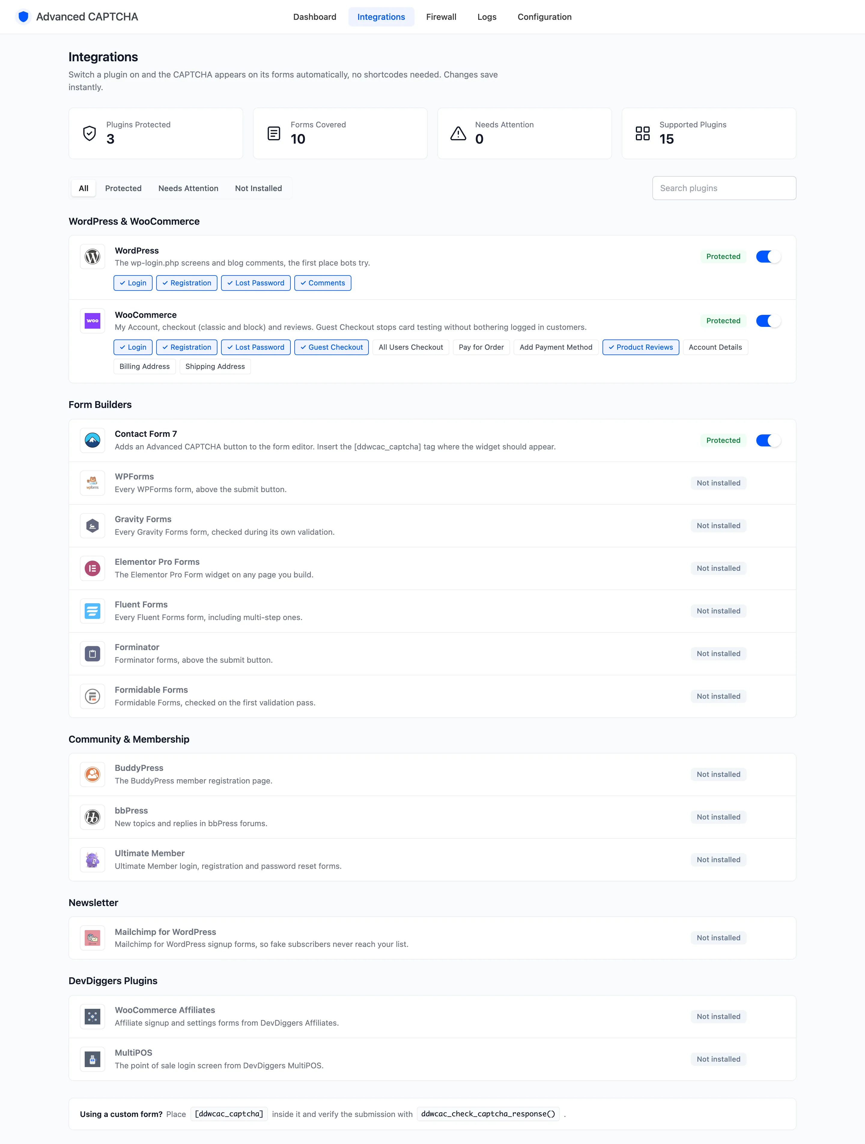 The Integrations screen