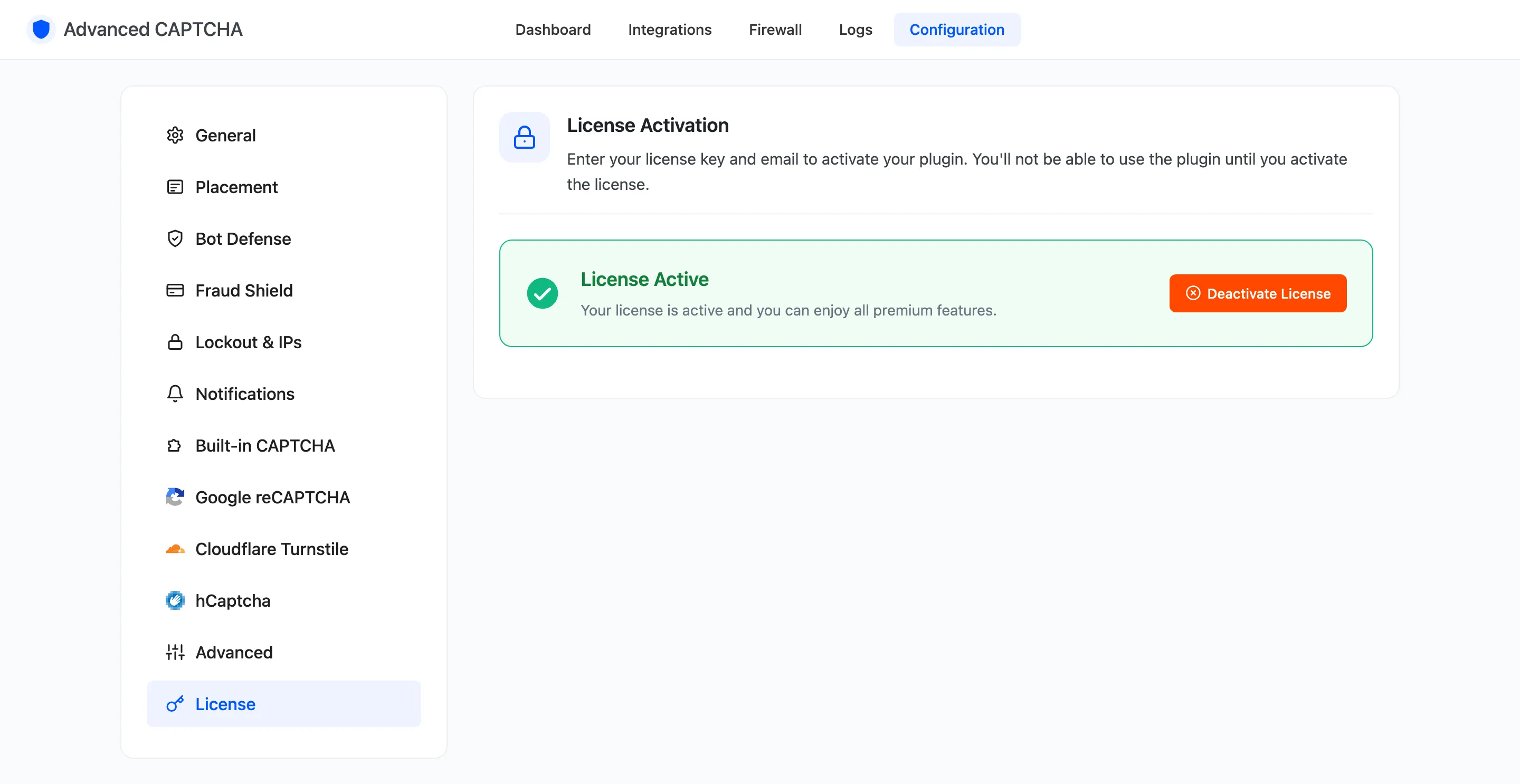 The License tab with an active license