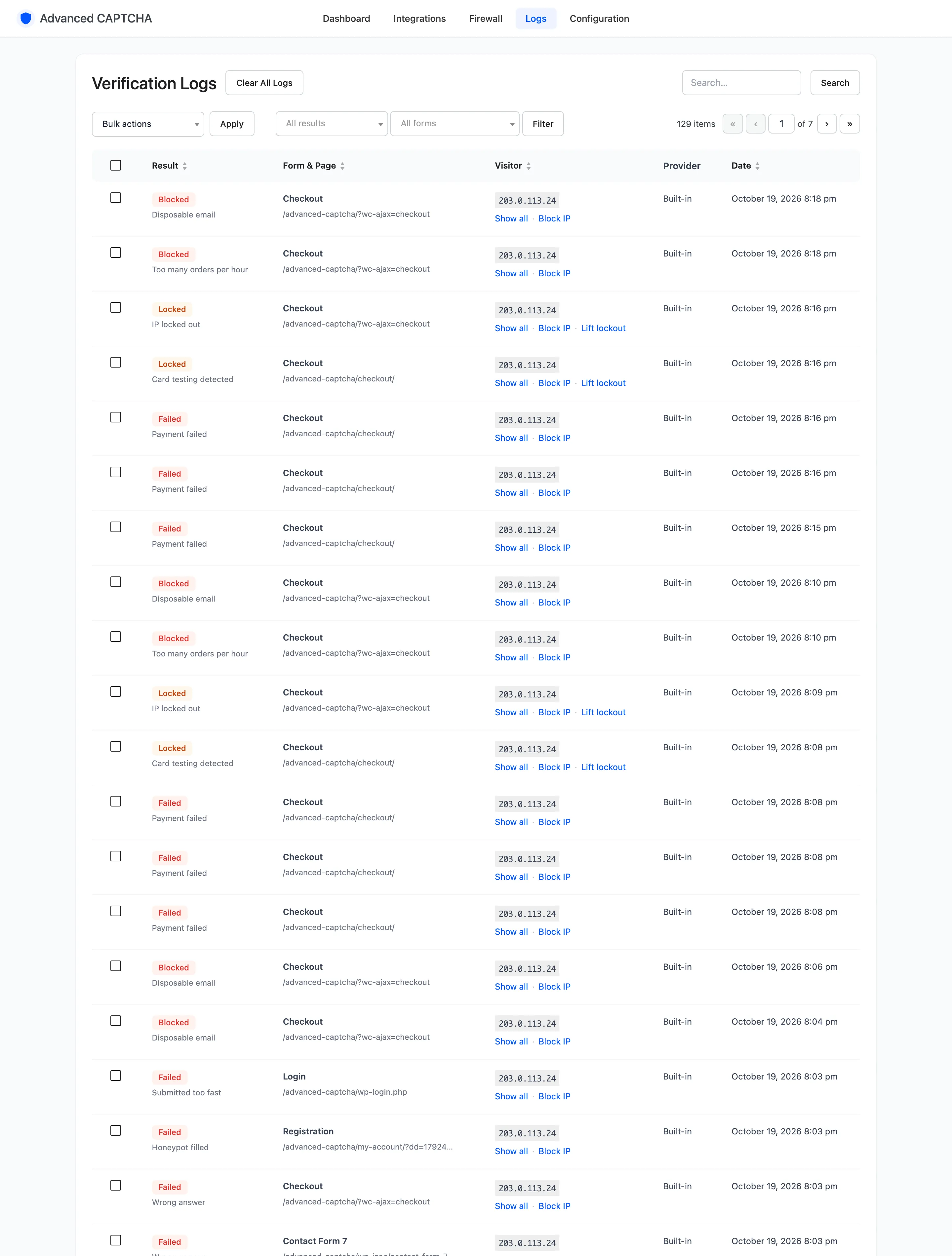 The Verification Logs screen after a run of attacks