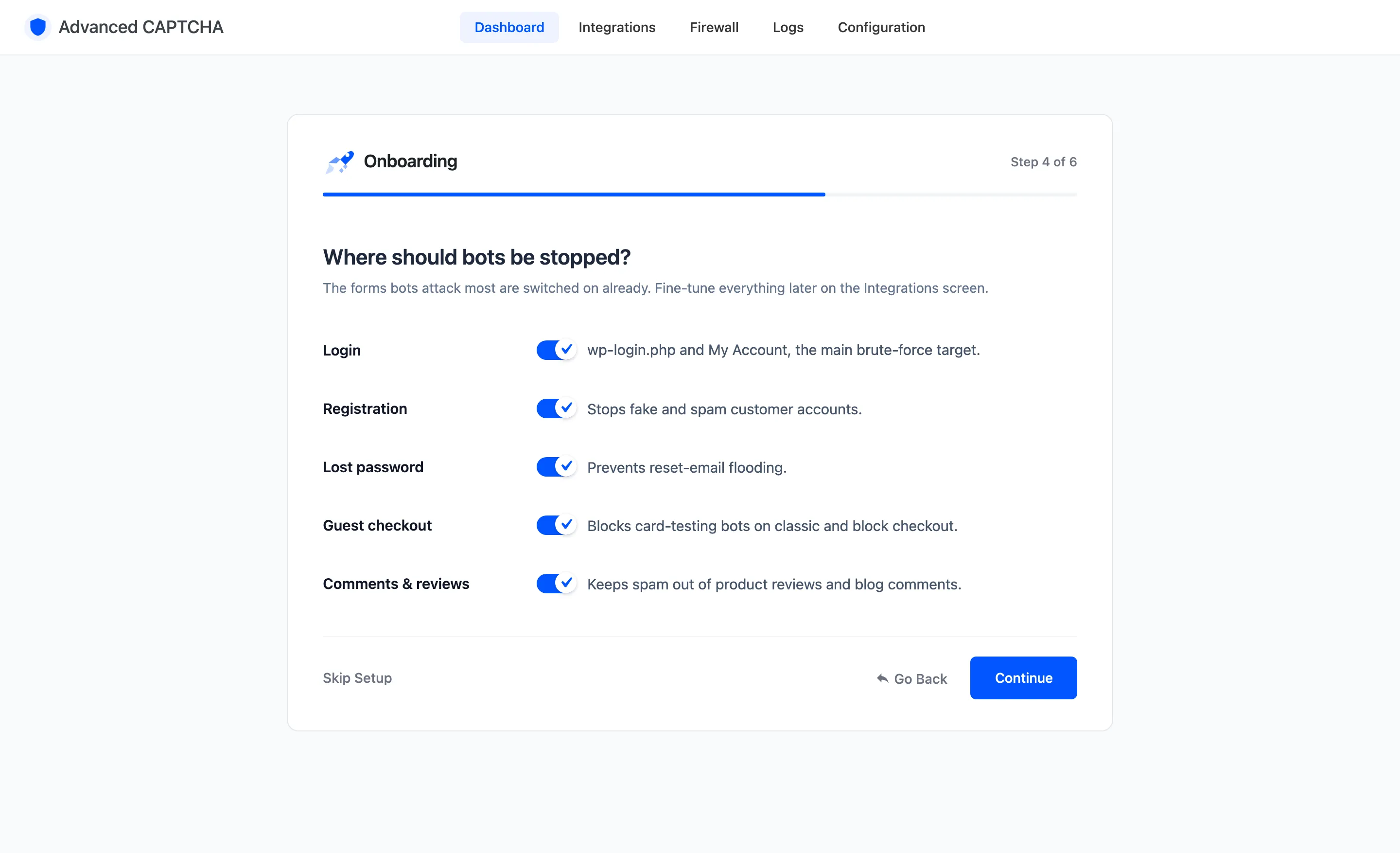 The wizard’s Forms step with login, registration, lost password, checkout and reviews switched on