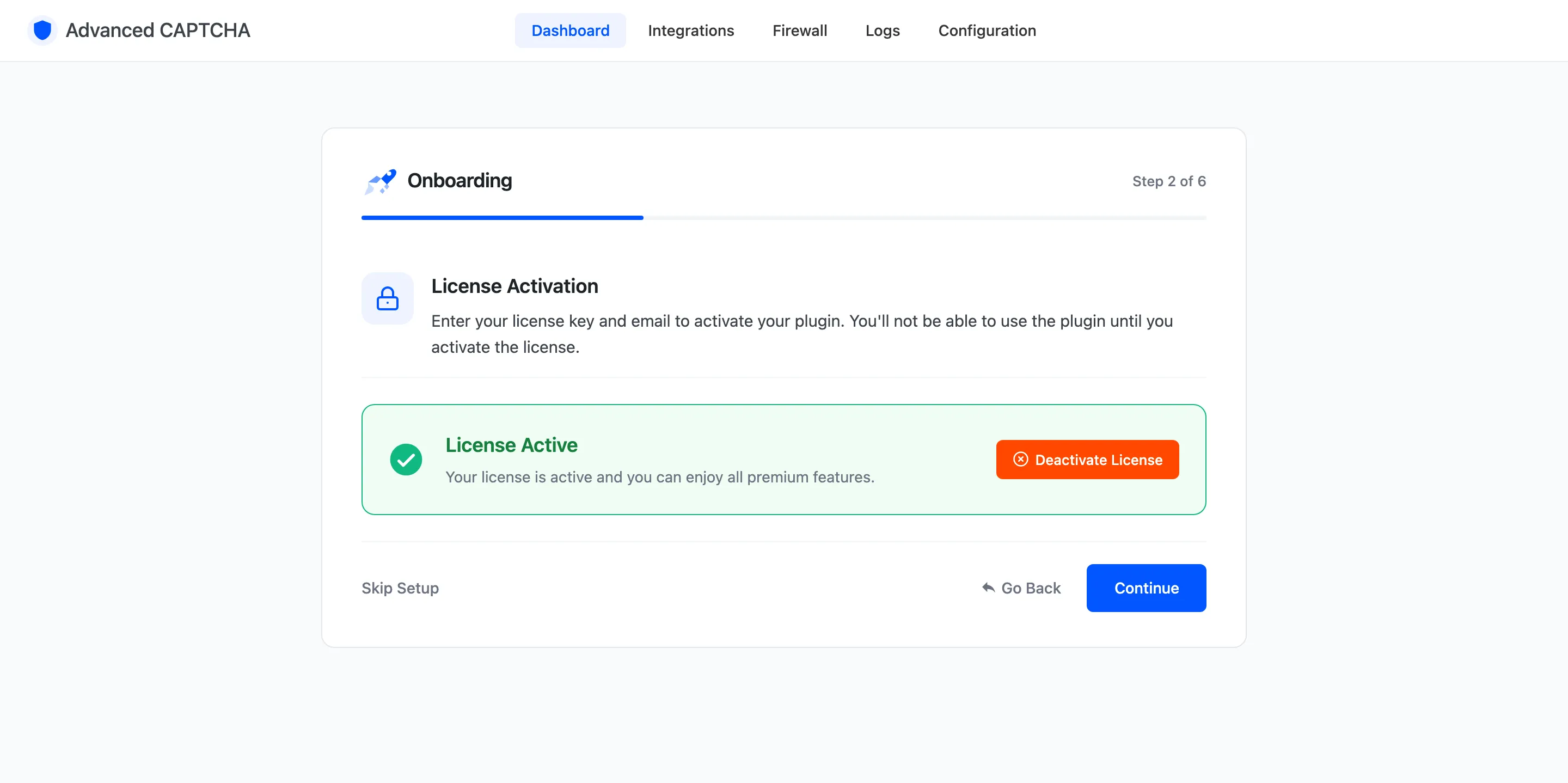The wizard’s License step with an active license