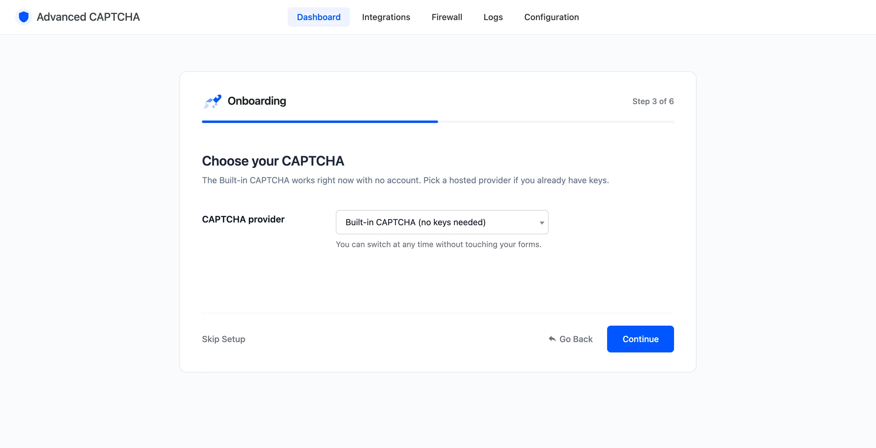 The wizard’s Provider step with the Built-in CAPTCHA selected