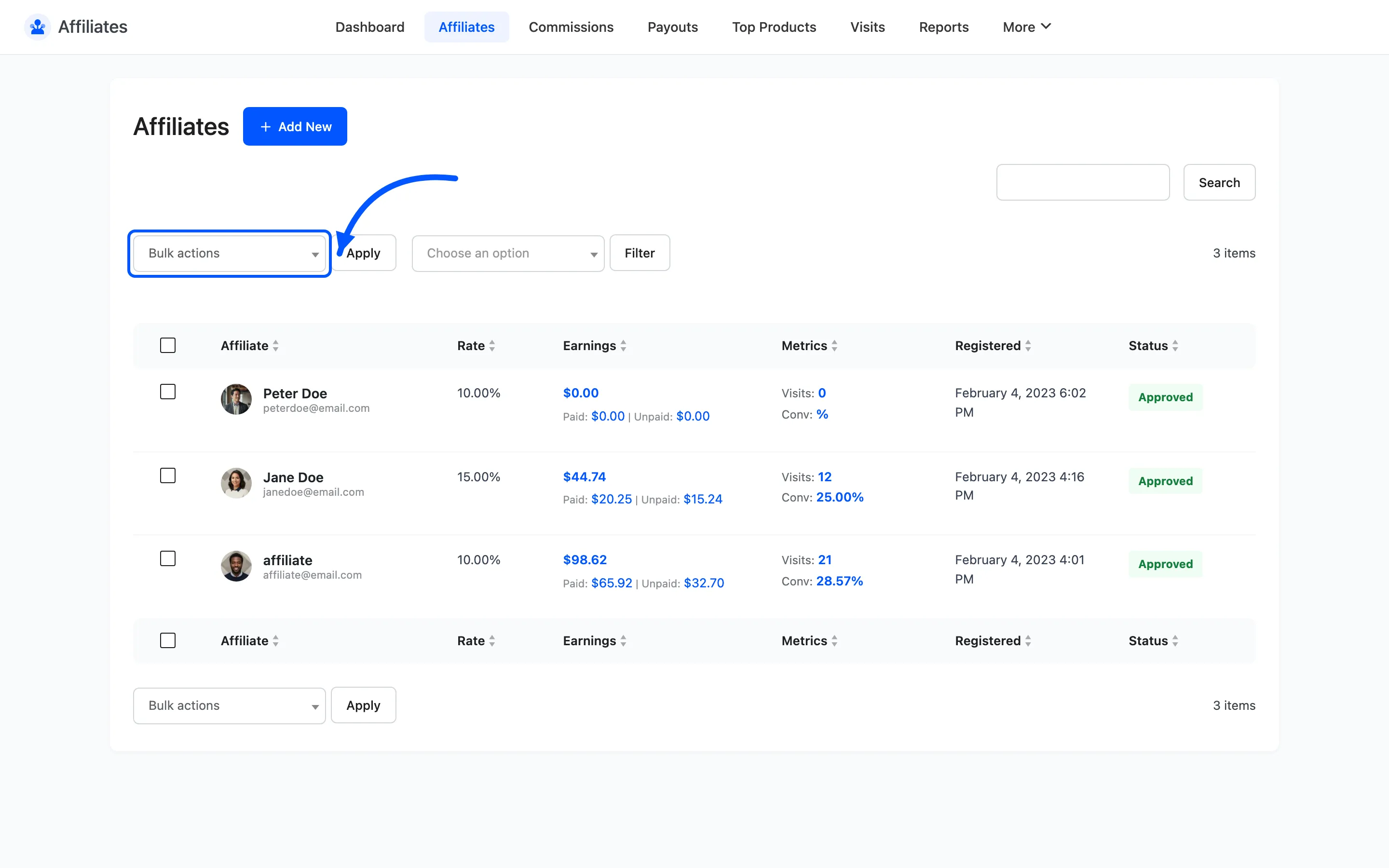 The Affiliates list with the bulk action selector highlighted