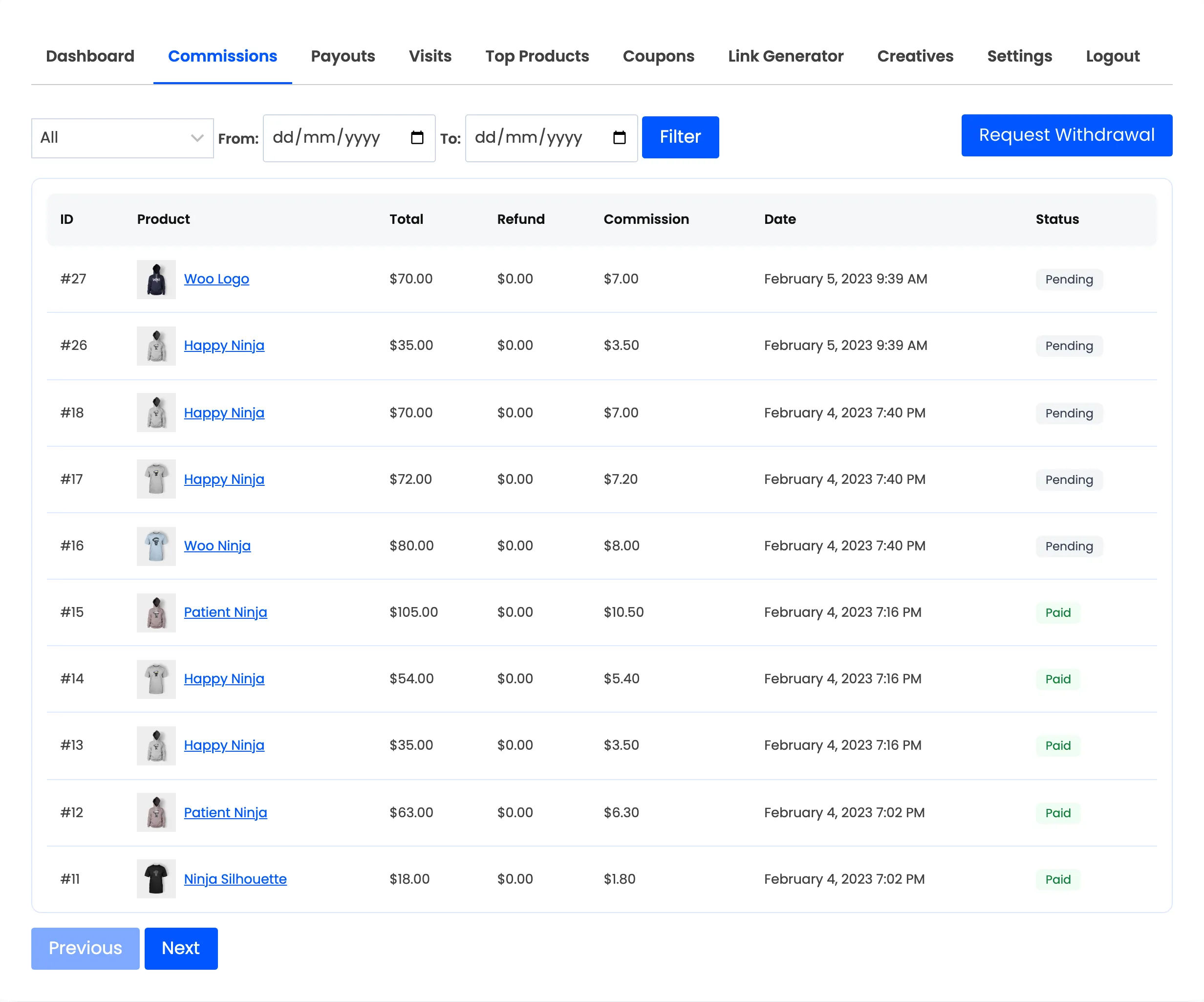 The affiliate commissions section listing each commission with product, total, commission and status