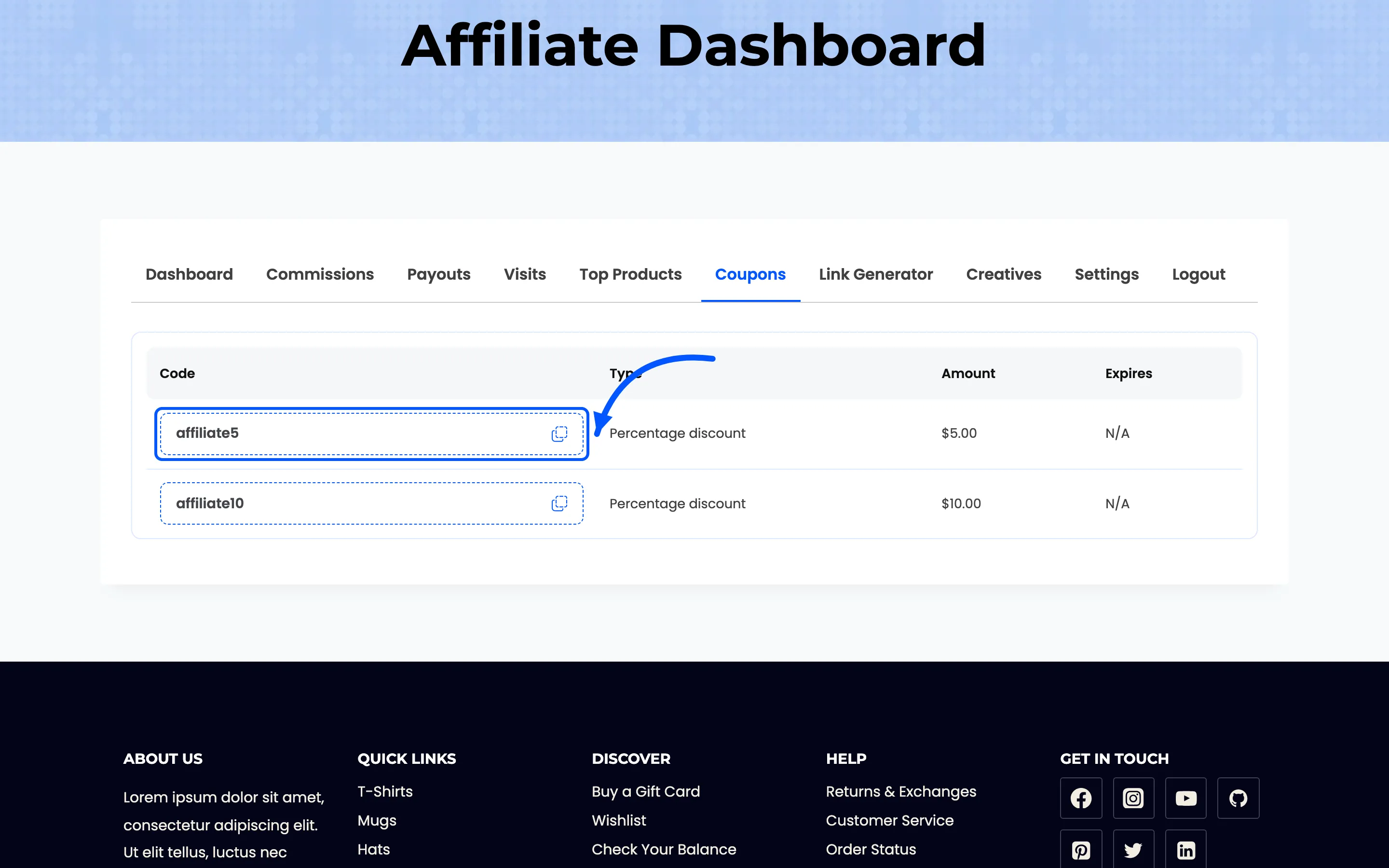 The copy button beside a coupon code on the affiliate dashboard
