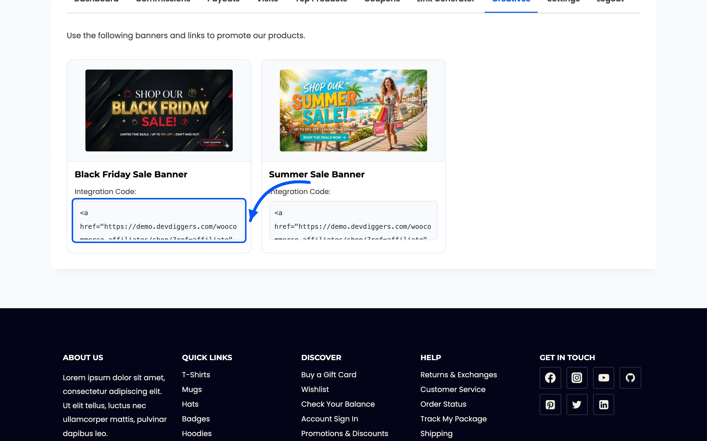 A creative integration code field with its embed HTML highlighted