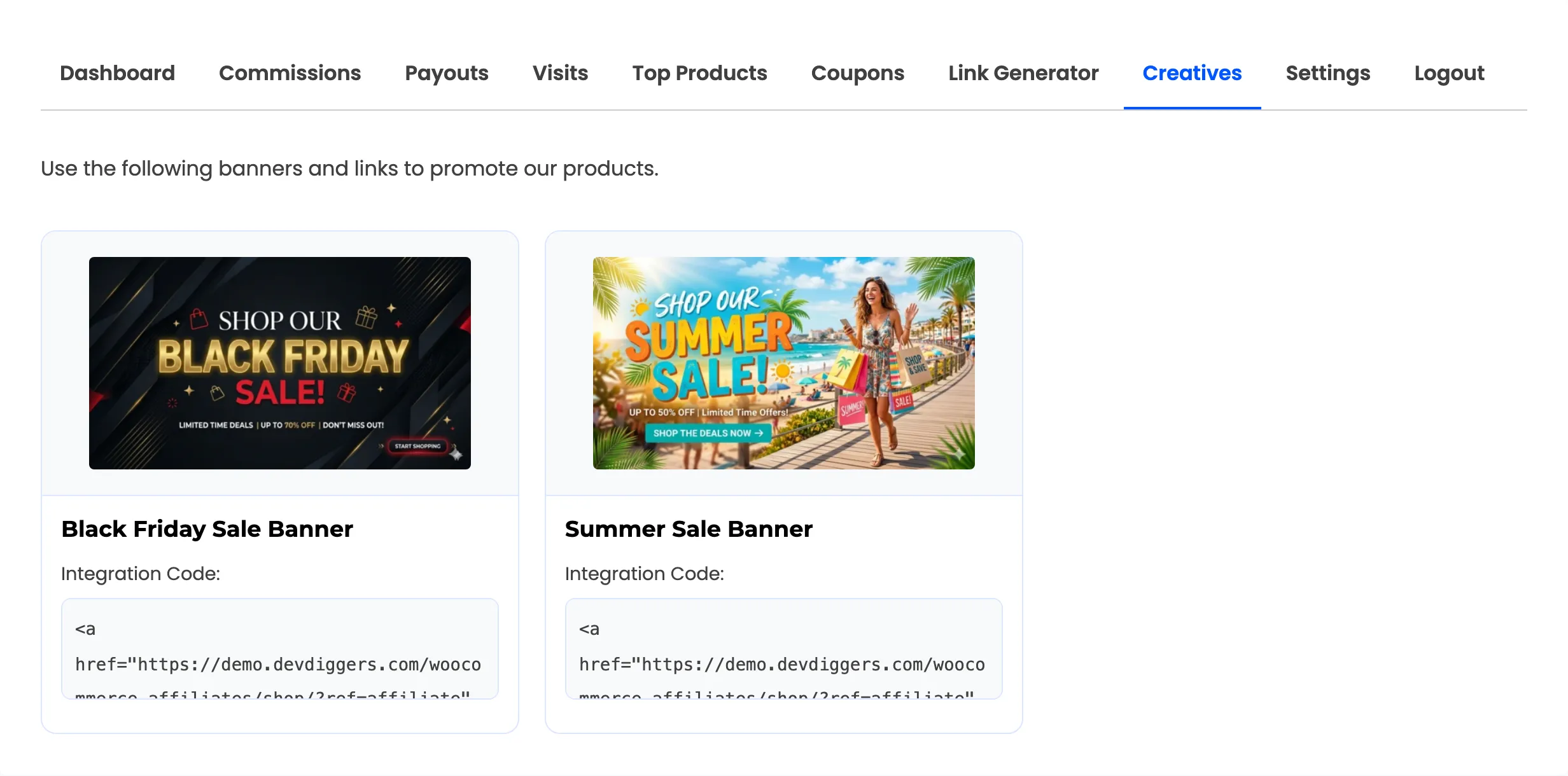 The affiliate creatives section showing banners with copy-ready integration code