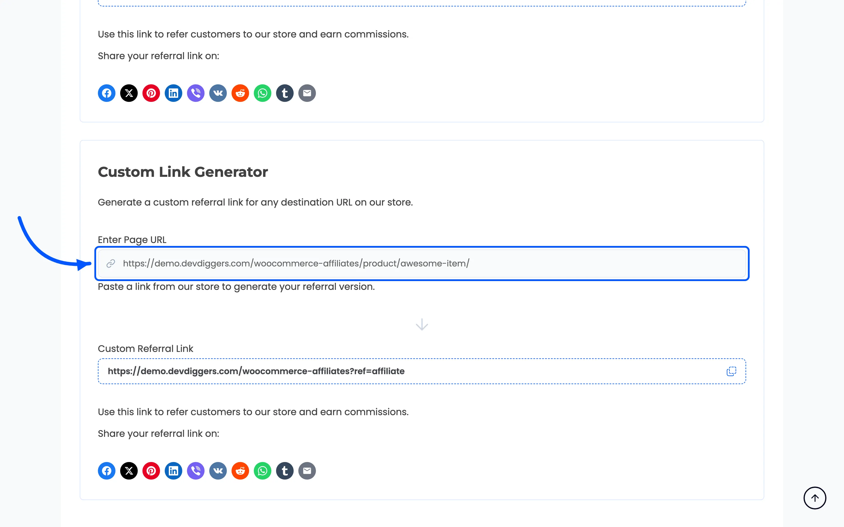 The Custom Link Generator page URL field highlighted