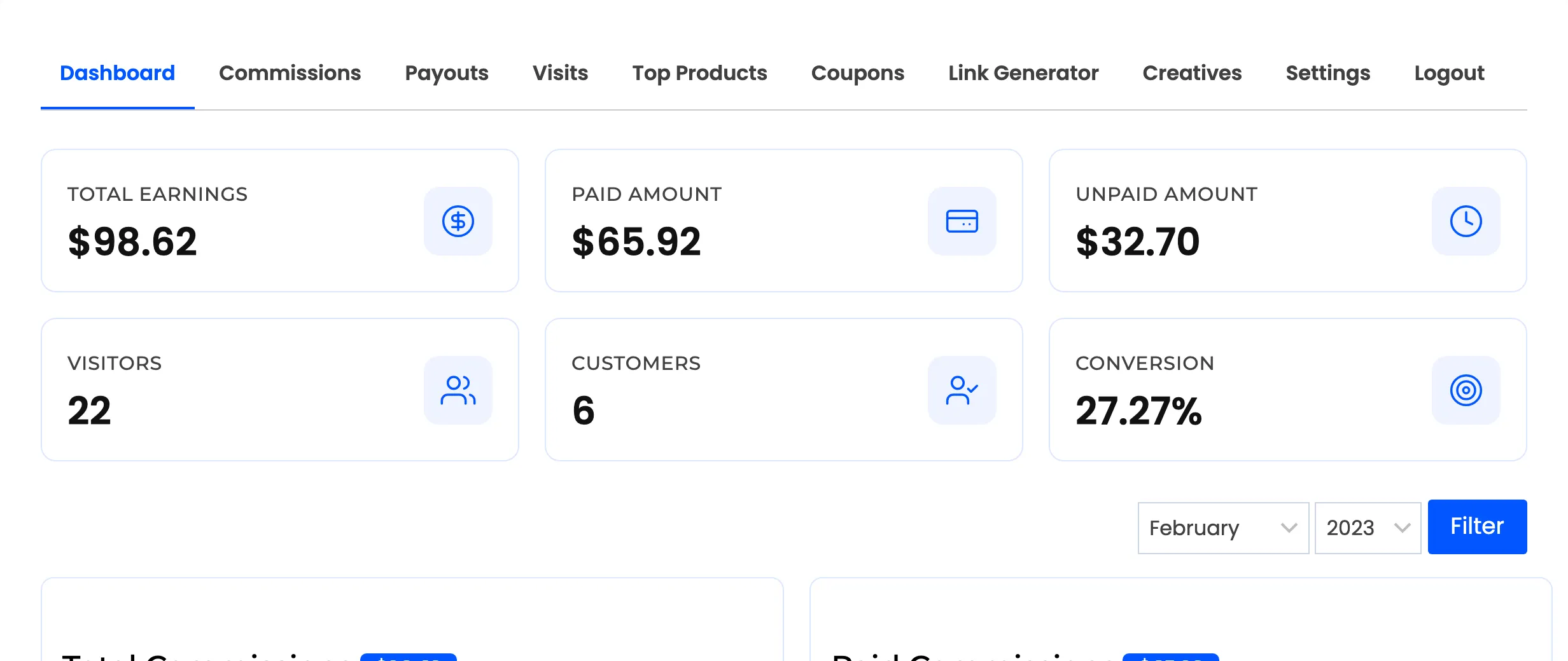 The affiliate dashboard summary cards showing earnings, visitors and conversion