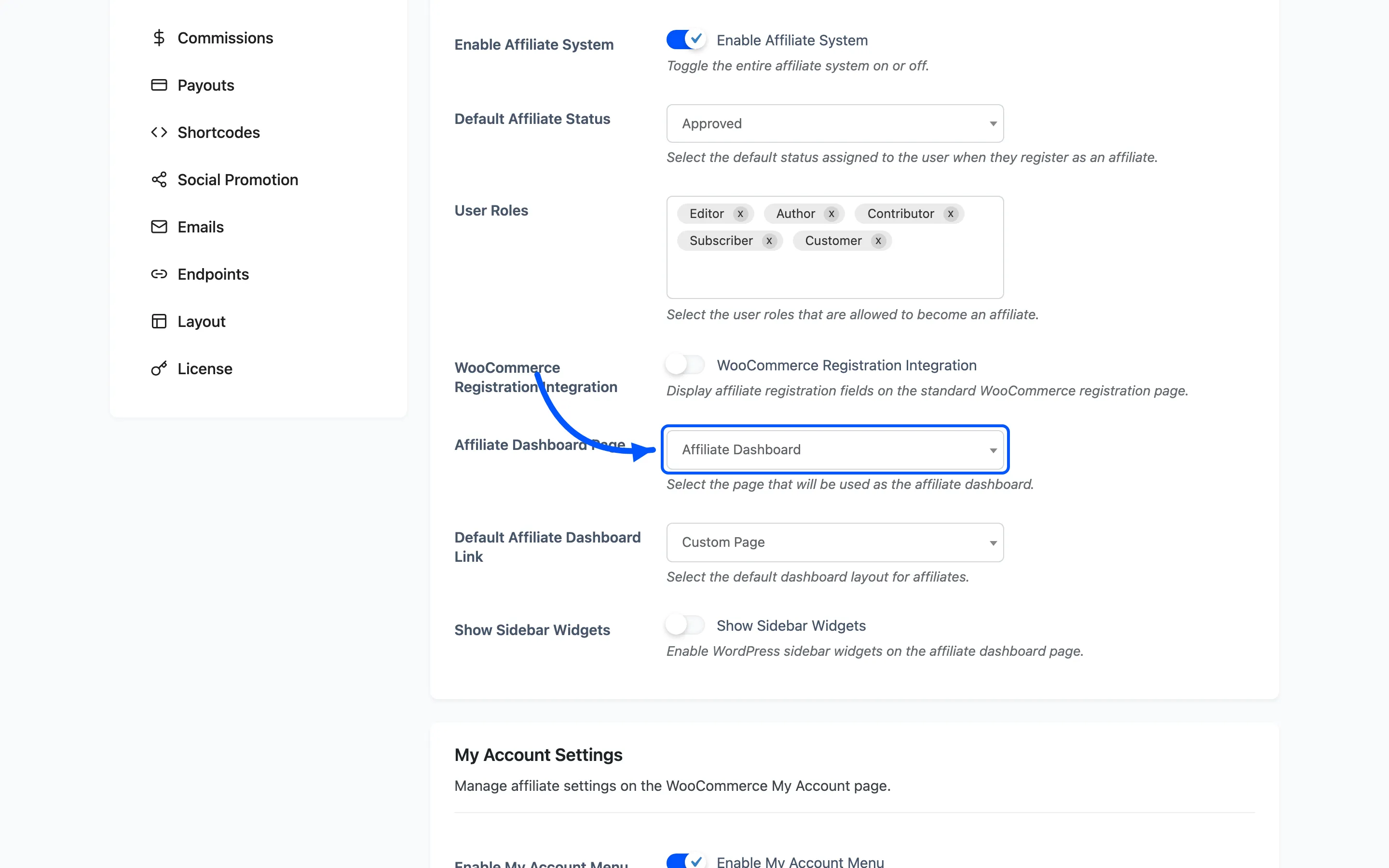 The Affiliate Dashboard Page dropdown on the General settings tab