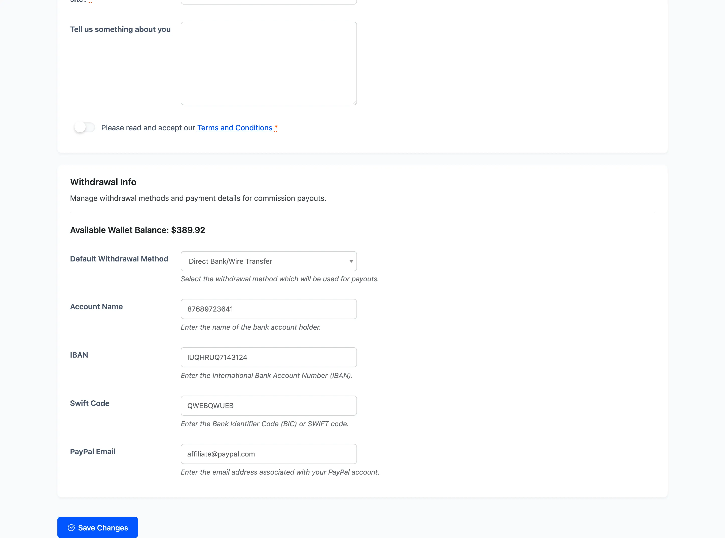 The Account Info and Withdrawal Info sections on the affiliate detail screen