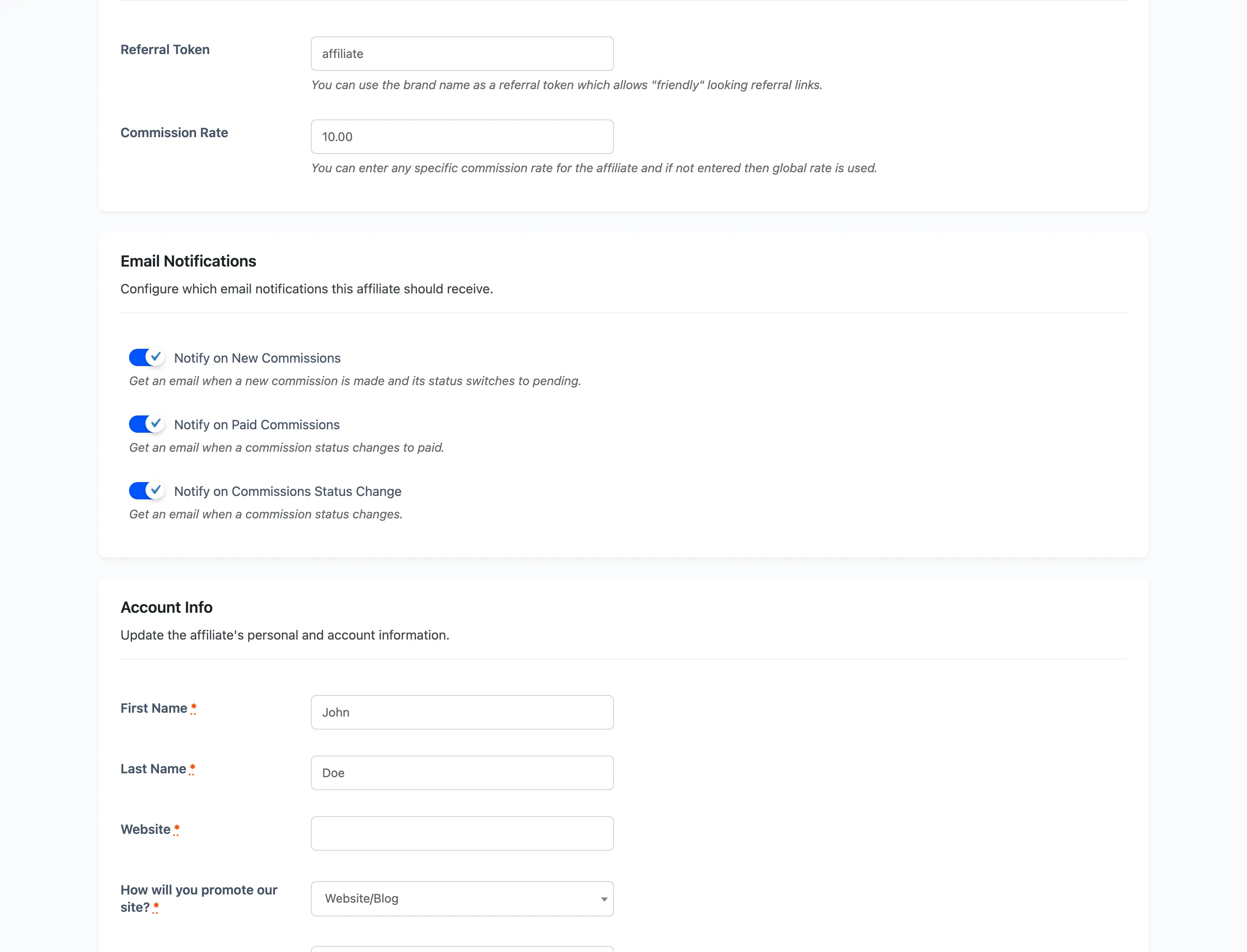 The Performance Overview chart and recent commission list on the affiliate detail screen
