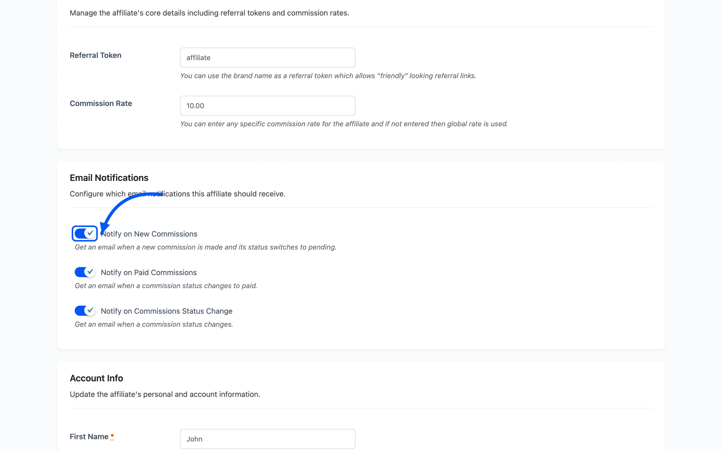 The email notification checkboxes on the affiliate detail screen