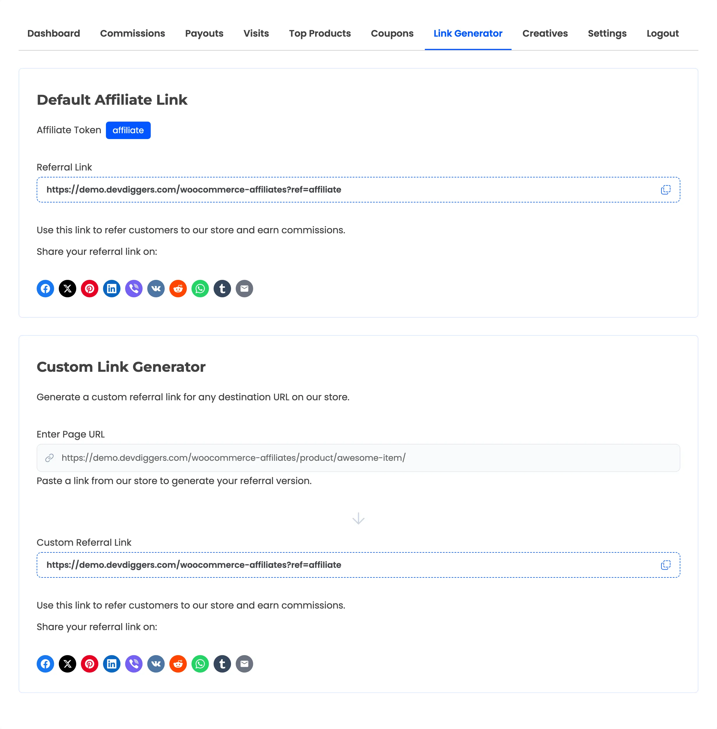 The Link Generator section showing the affiliate token, the default referral link and a custom link builder