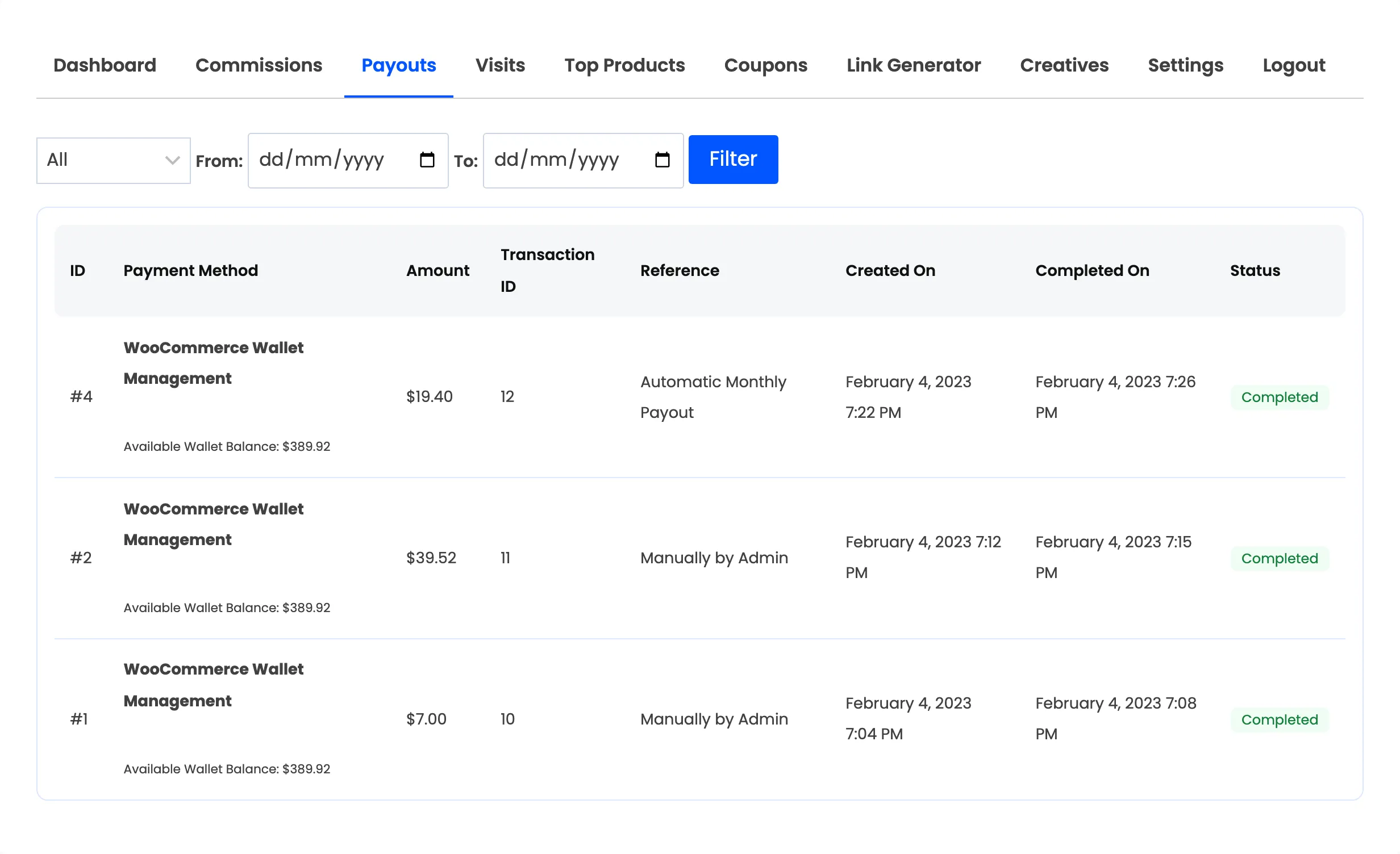 The affiliate payouts section listing payouts with method, amount, reference and status
