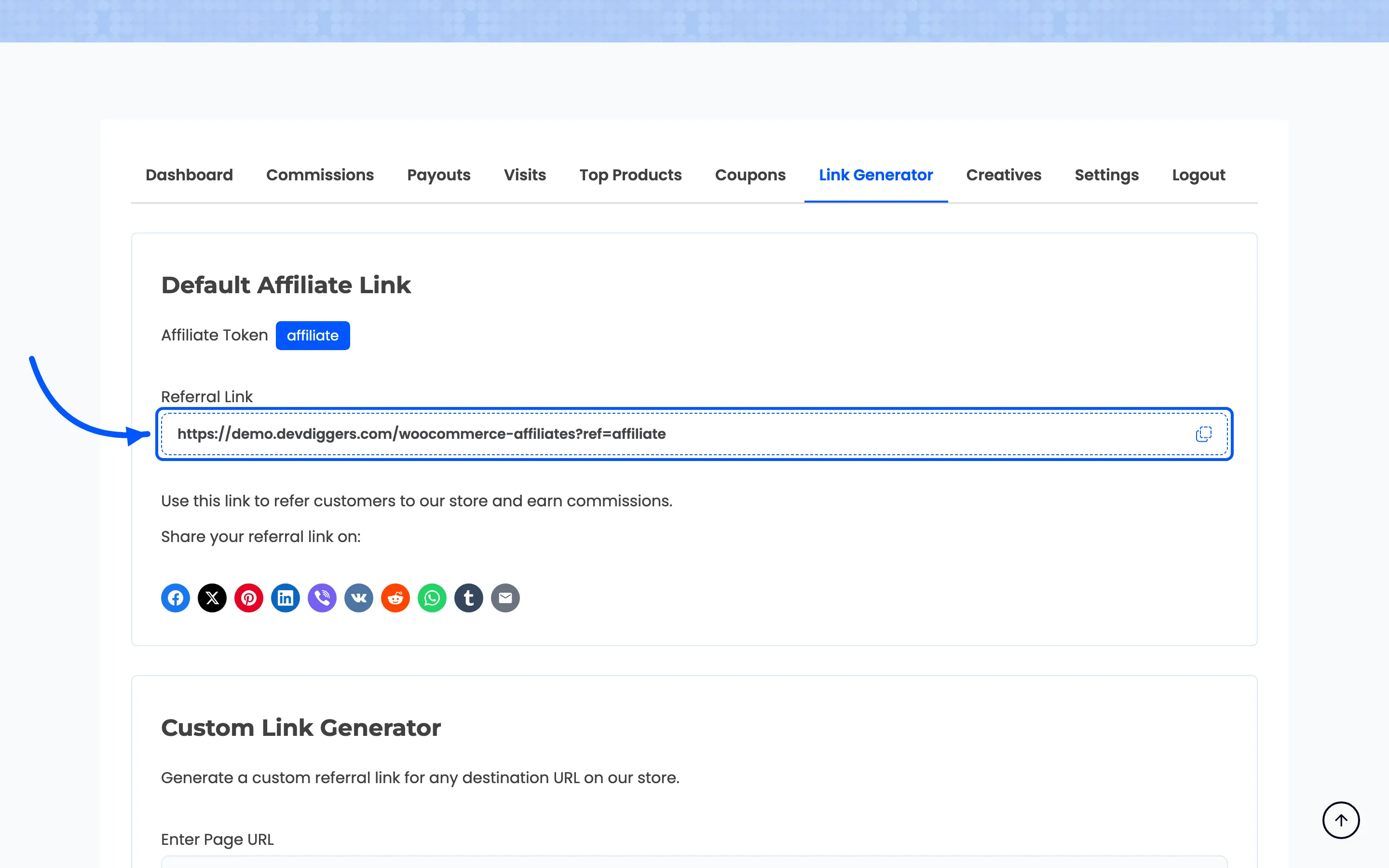 The default referral link field with its copy button highlighted
