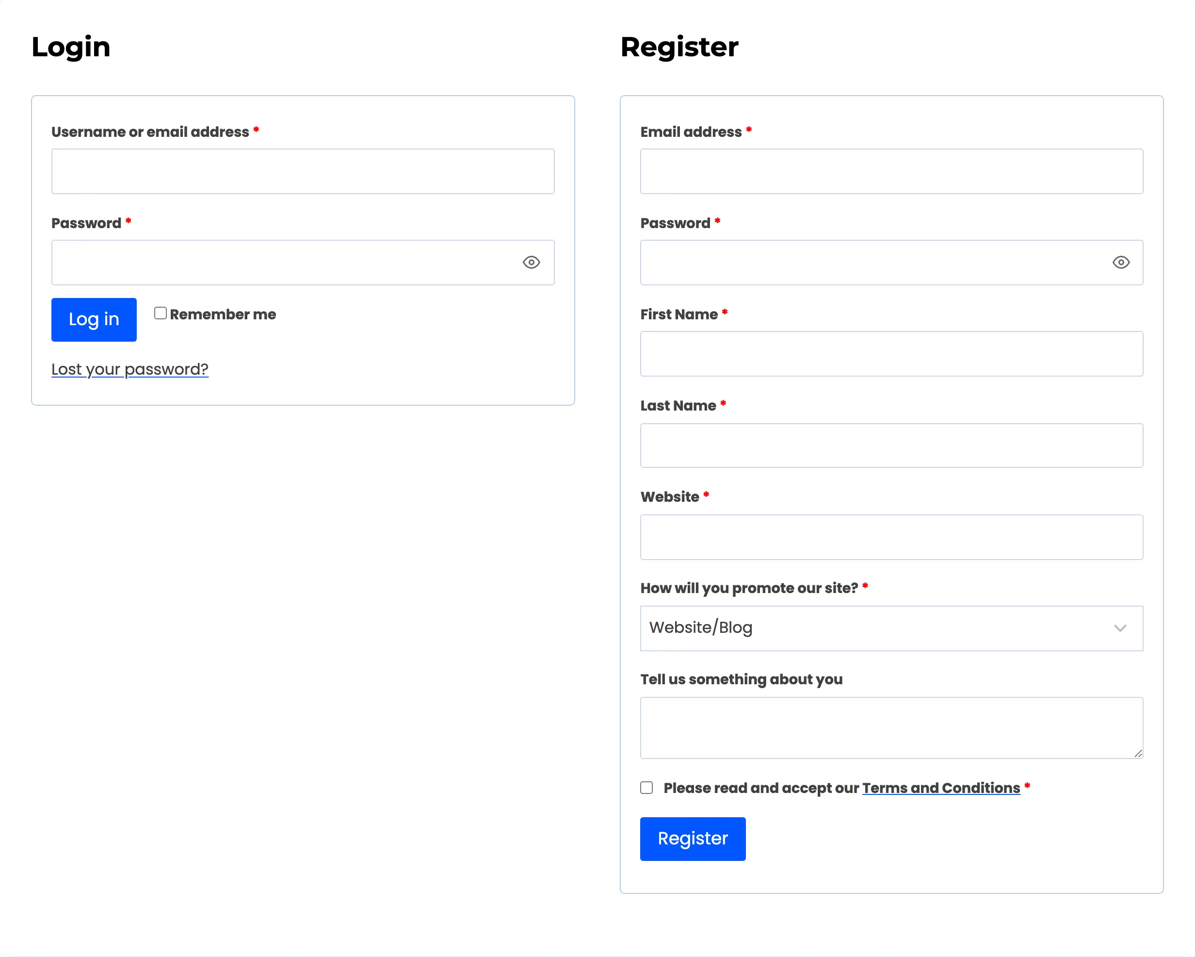 The affiliate signup page with a login form beside a registration form asking for name, website and promotion method