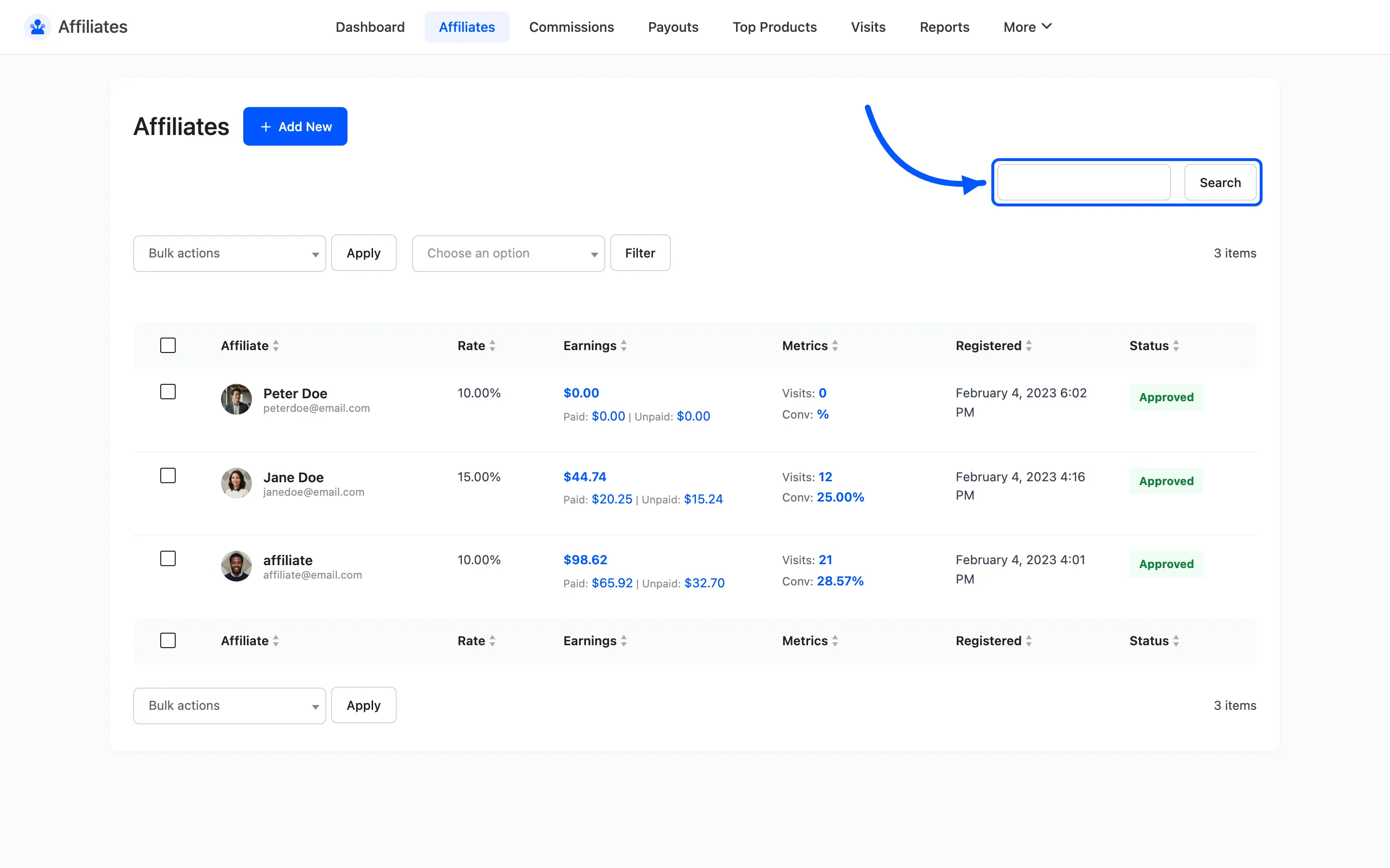 The Affiliates list search box highlighted