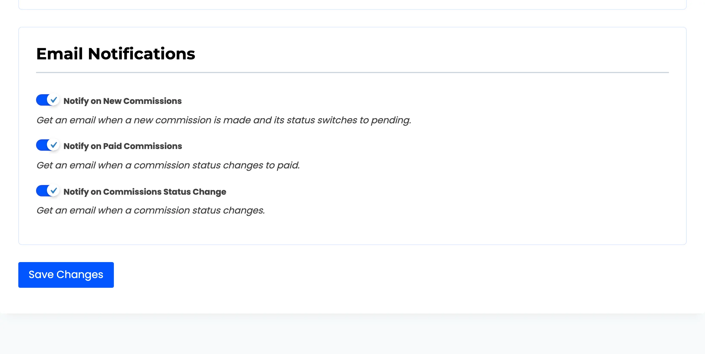 The Email Notifications block on the affiliate Settings section