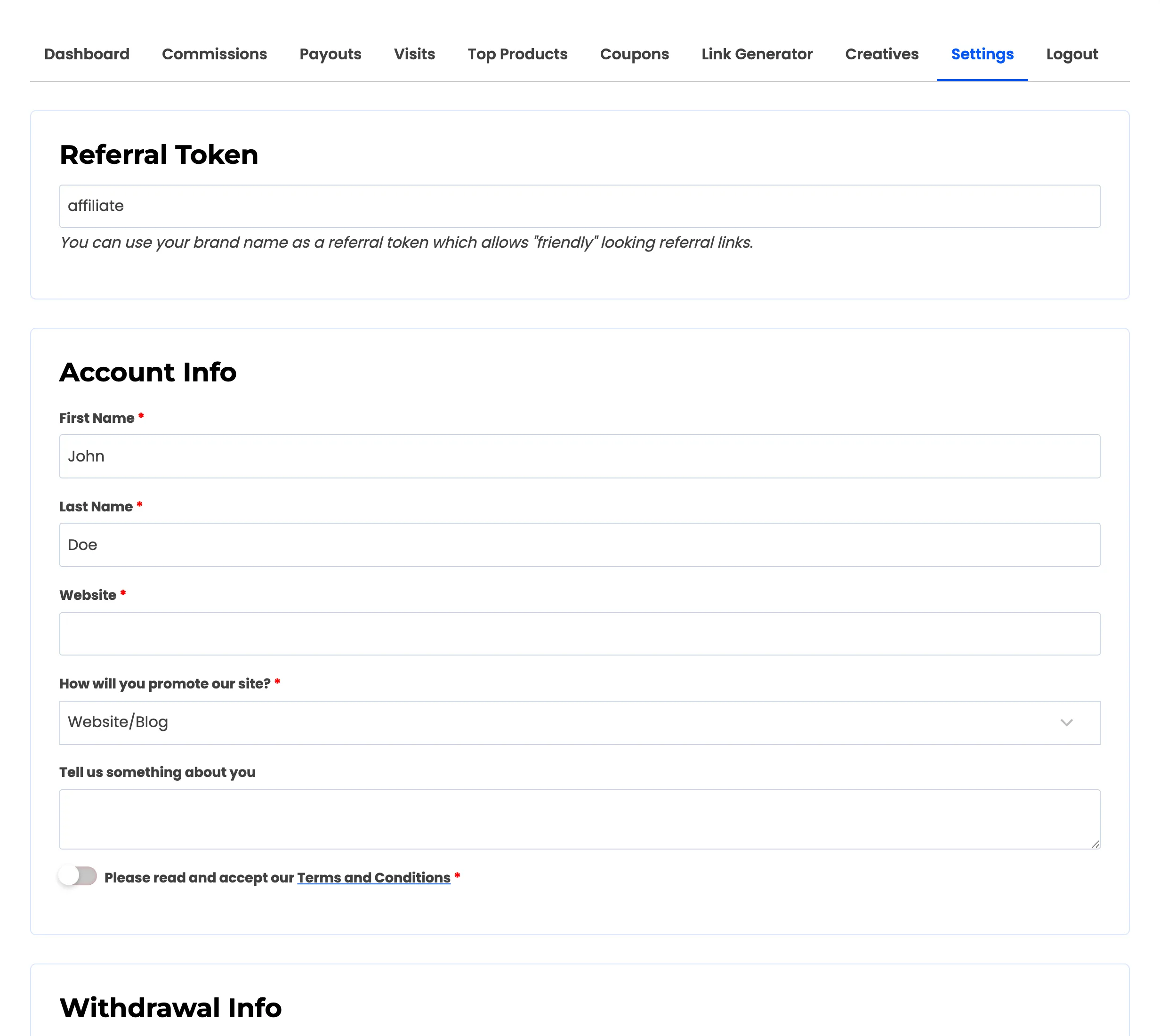 The affiliate settings section with the referral token, account info and withdrawal method fields