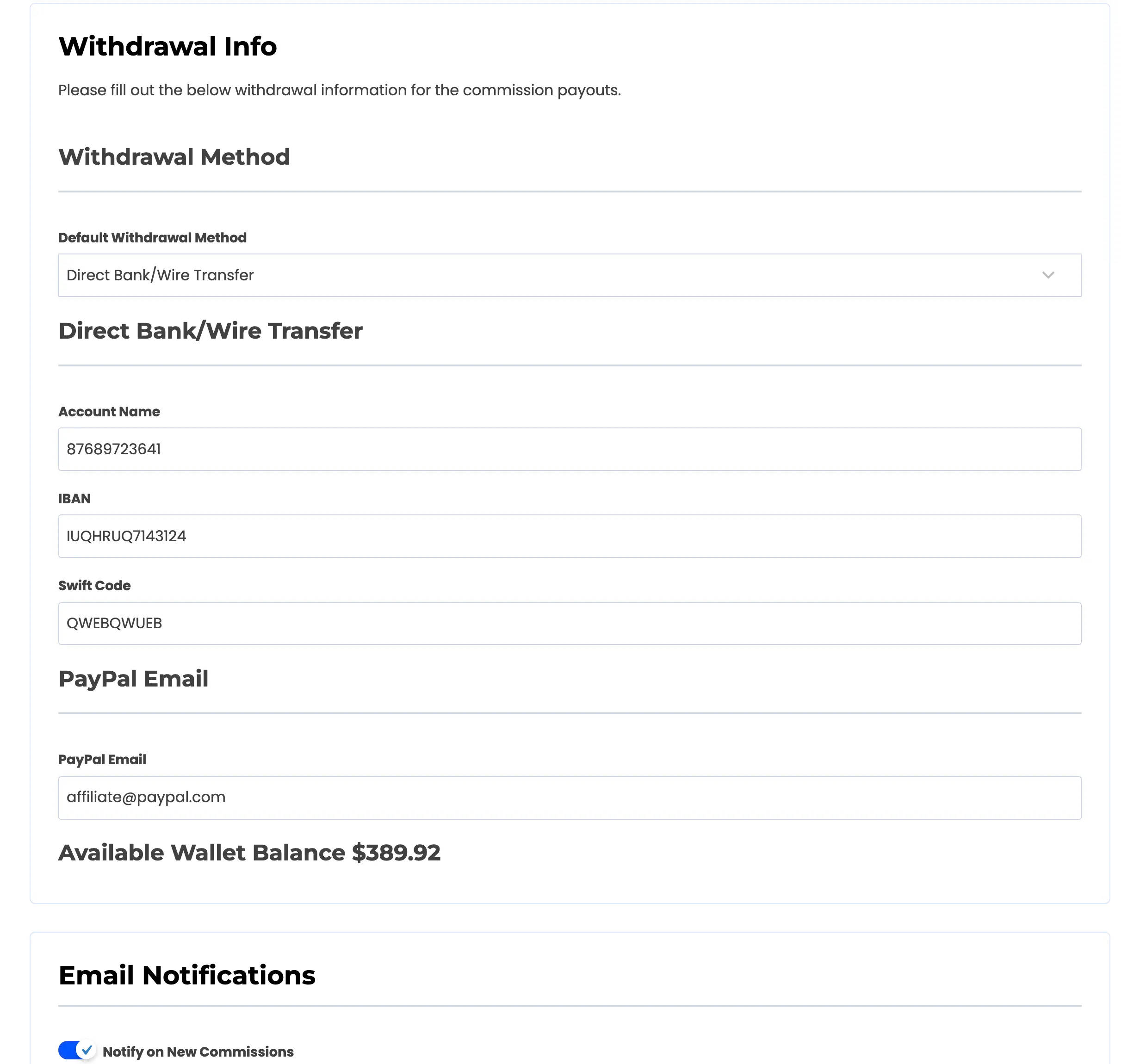 The Withdrawal Info block on the affiliate Settings section