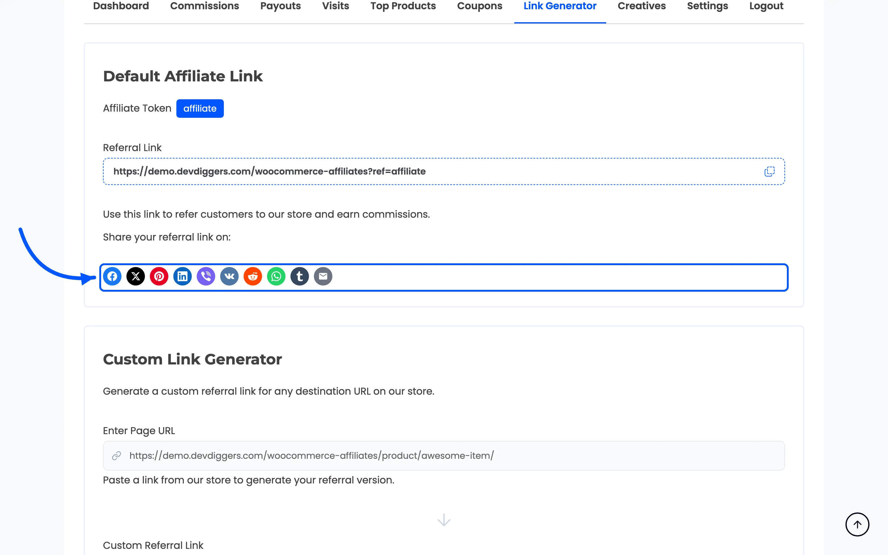 The social sharing row under the affiliate referral link