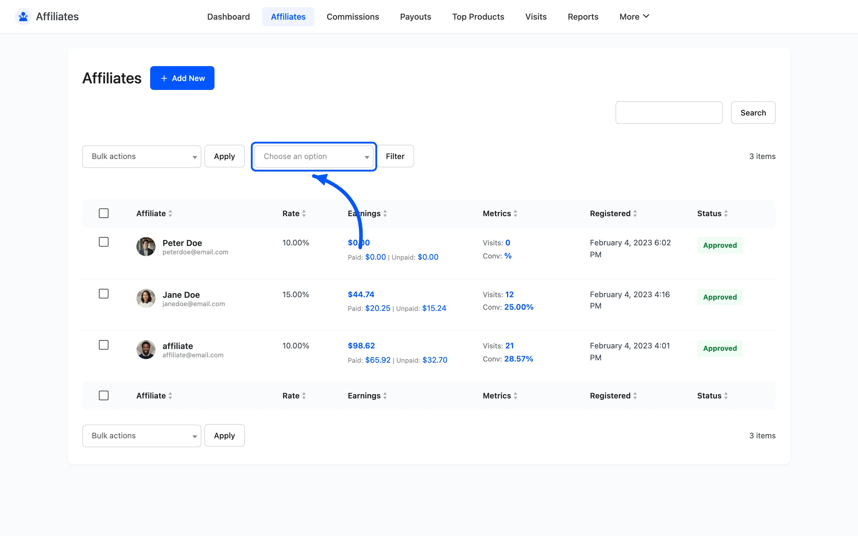 The status filter dropdown above the Affiliates table