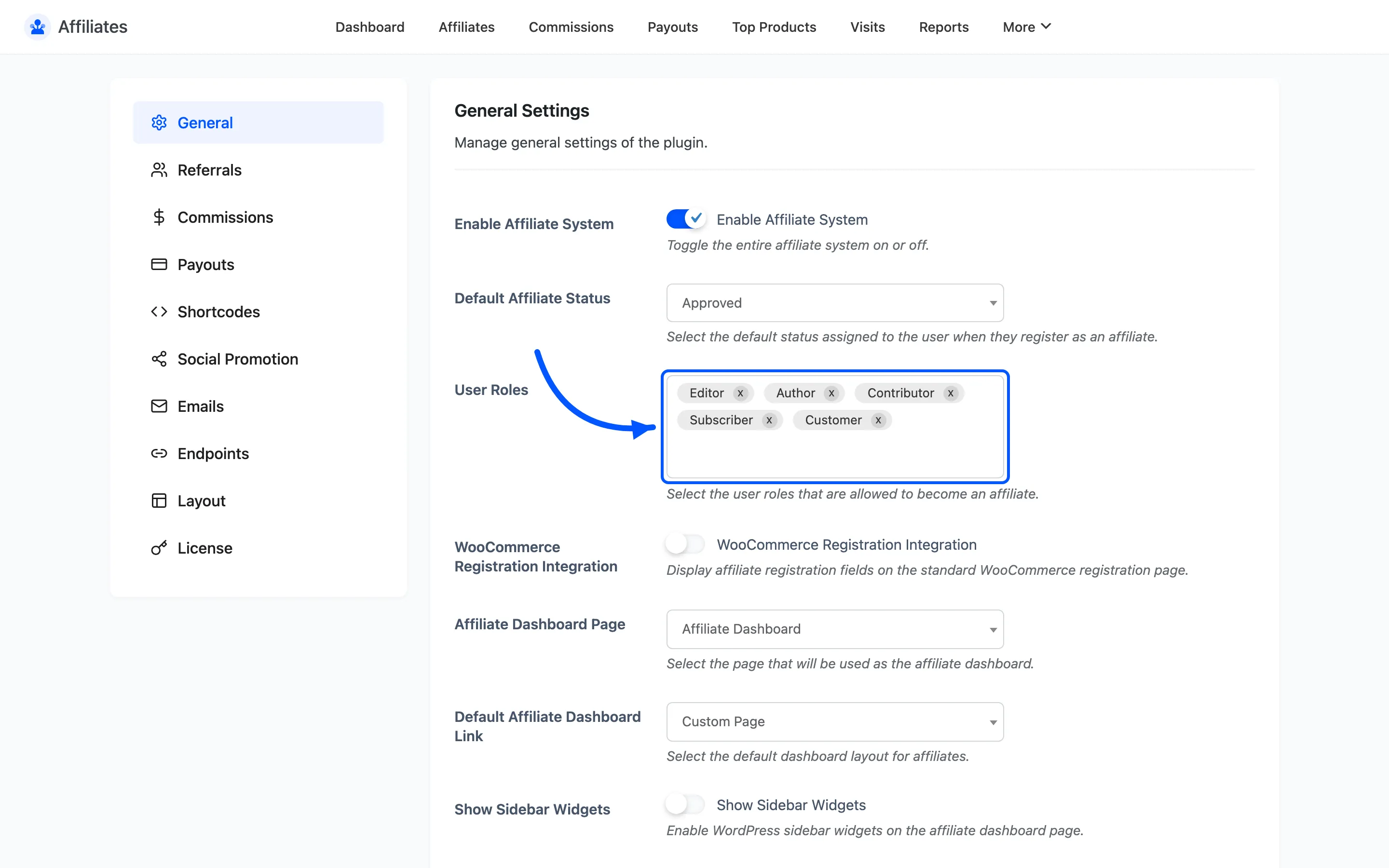 The User Roles field on the General settings tab