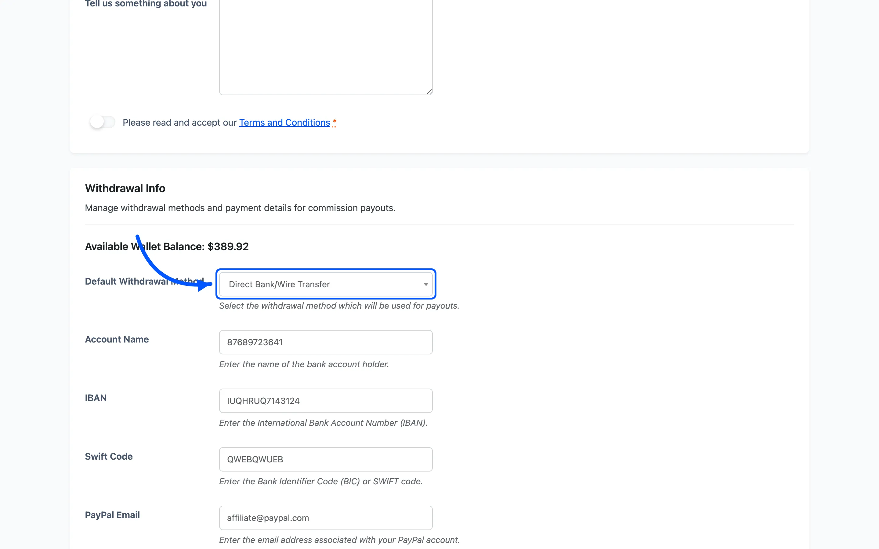 The Withdrawal Method field on the affiliate detail screen