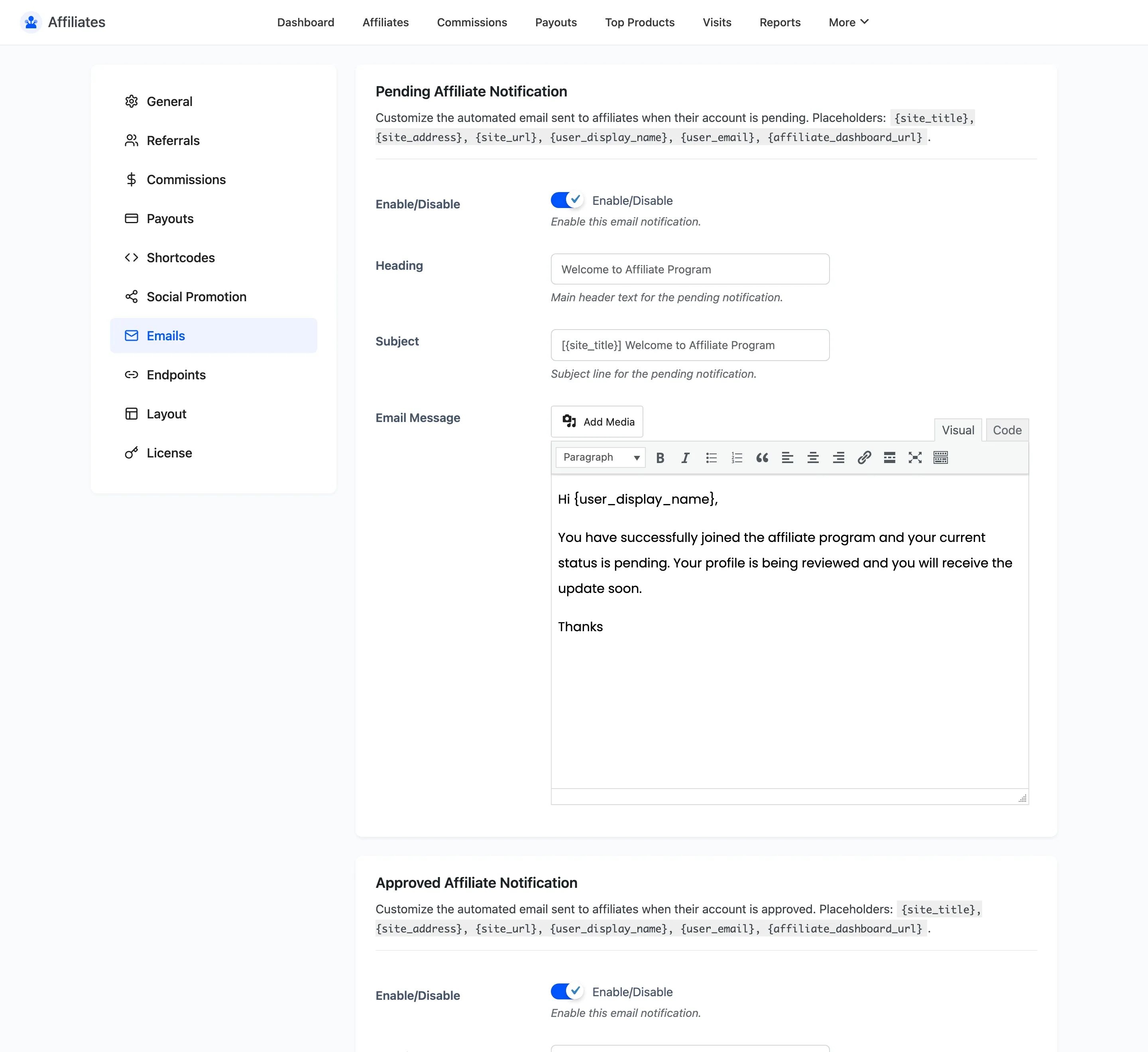 The Affiliates Emails settings tab with the notification sections and their subject and content fields