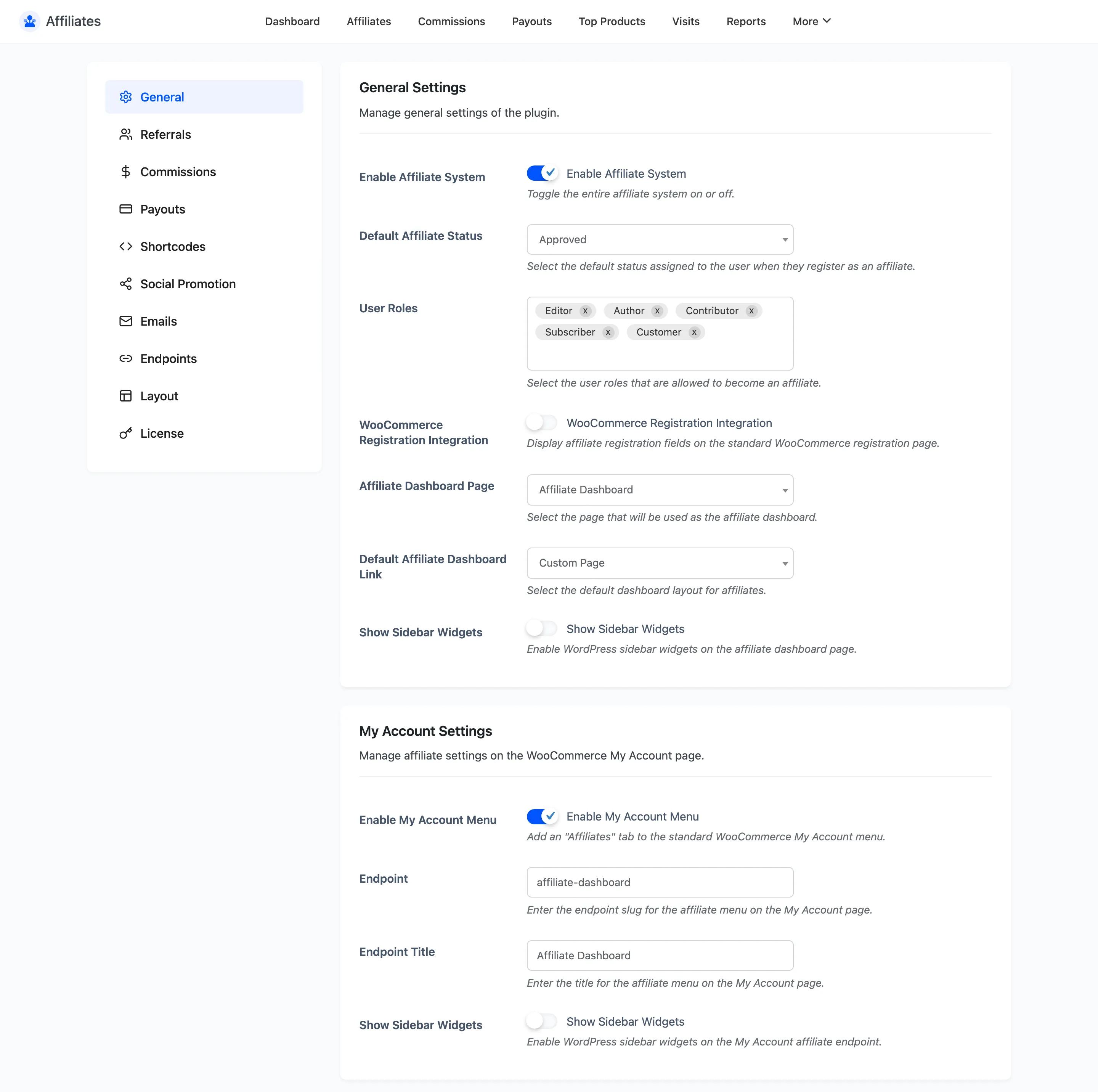The Affiliates General settings tab with the enable toggle, user roles, dashboard page and My Account options