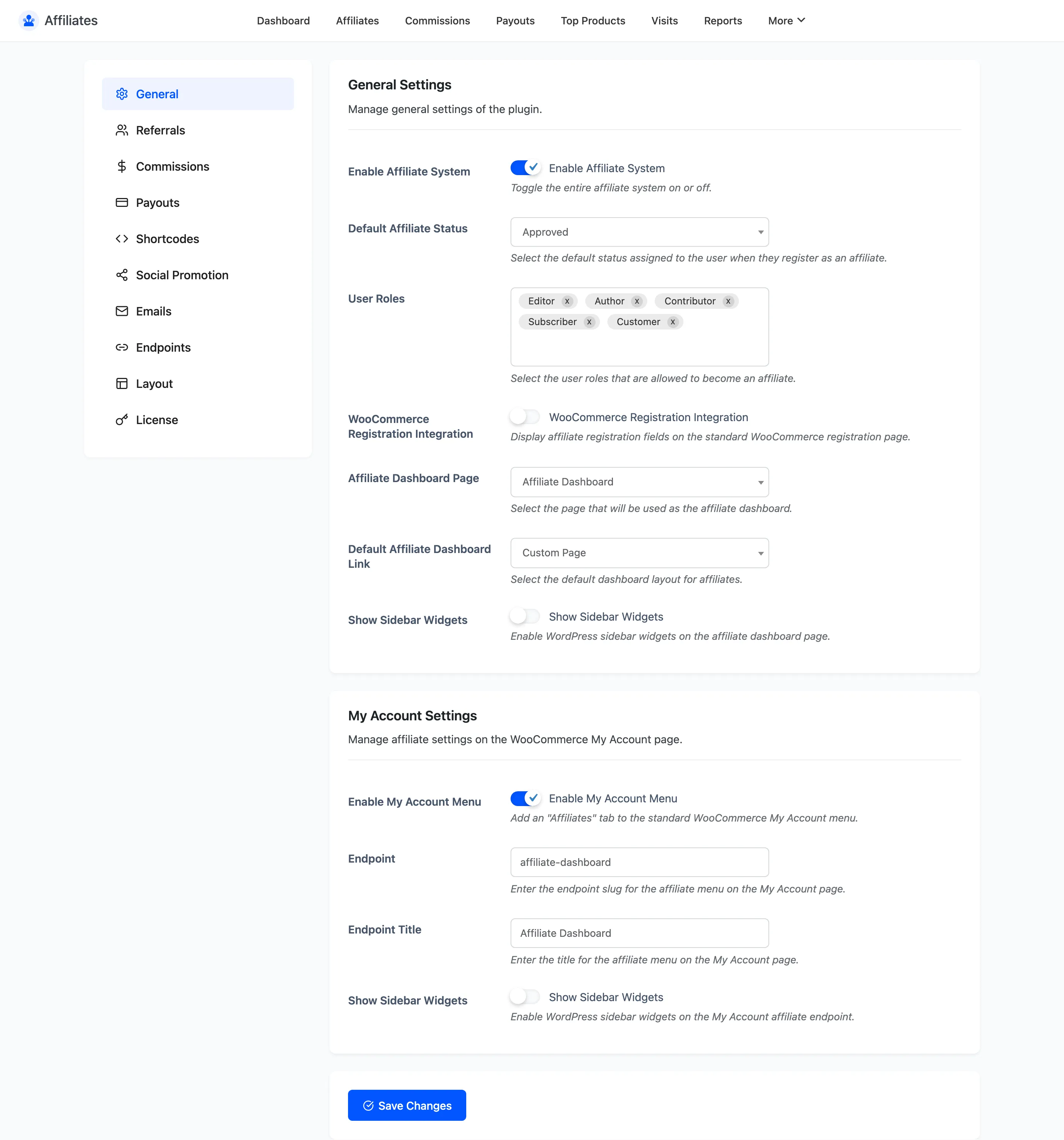 The Affiliates General settings tab with the enable toggle, user roles, dashboard page and My Account options