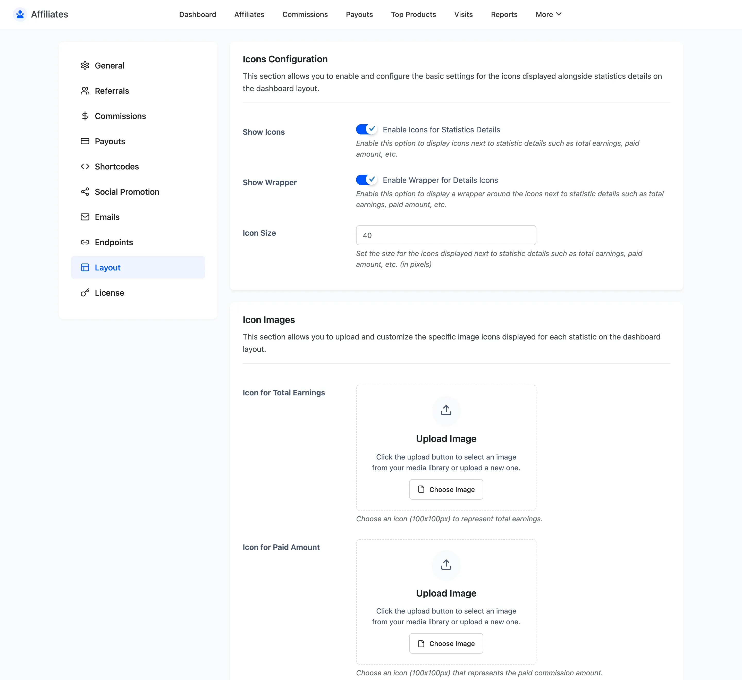 The Affiliates Layout settings tab with icon options and colour pickers