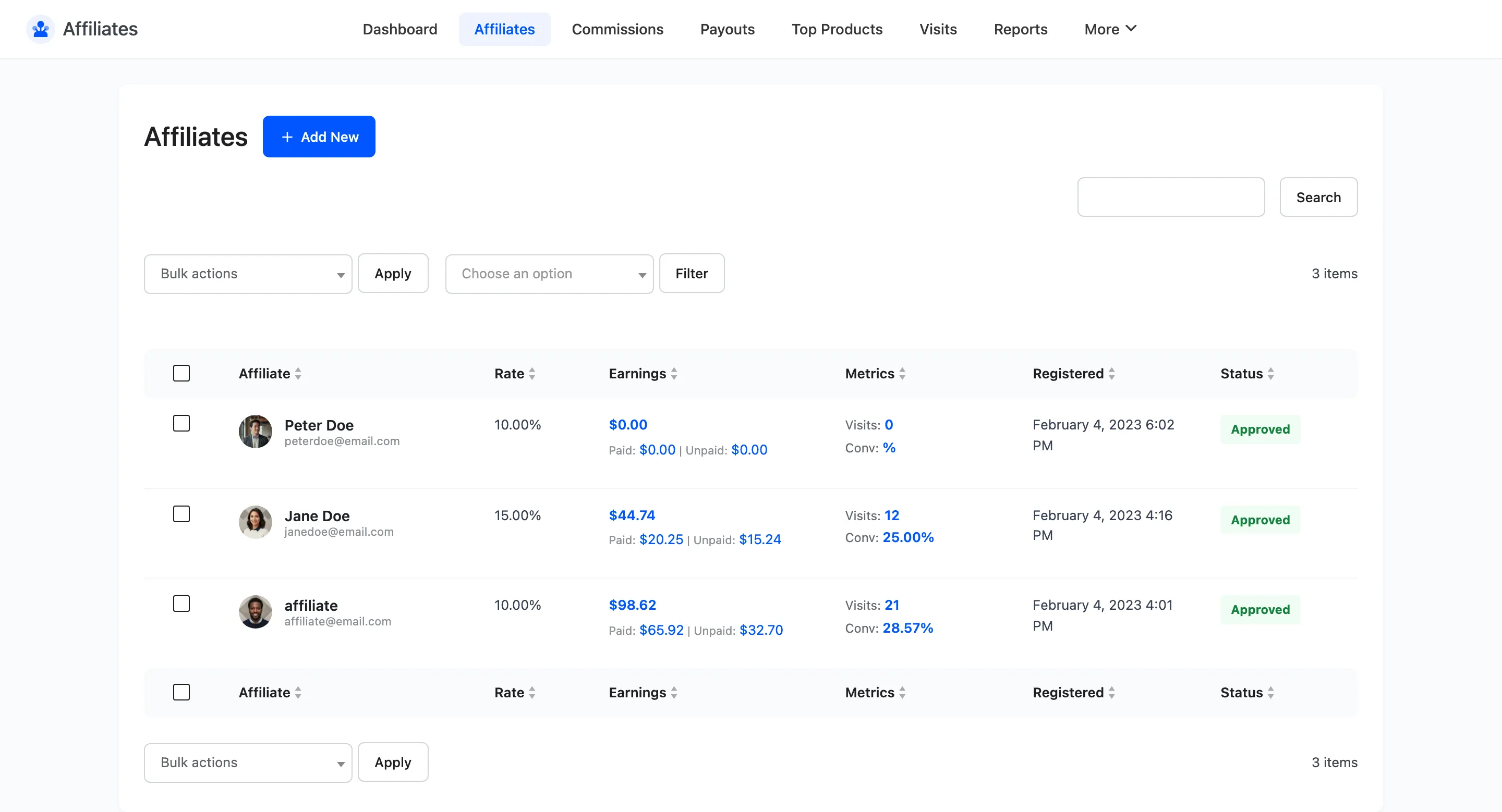The Affiliates list showing each affiliate with their rate, earnings, metrics and status