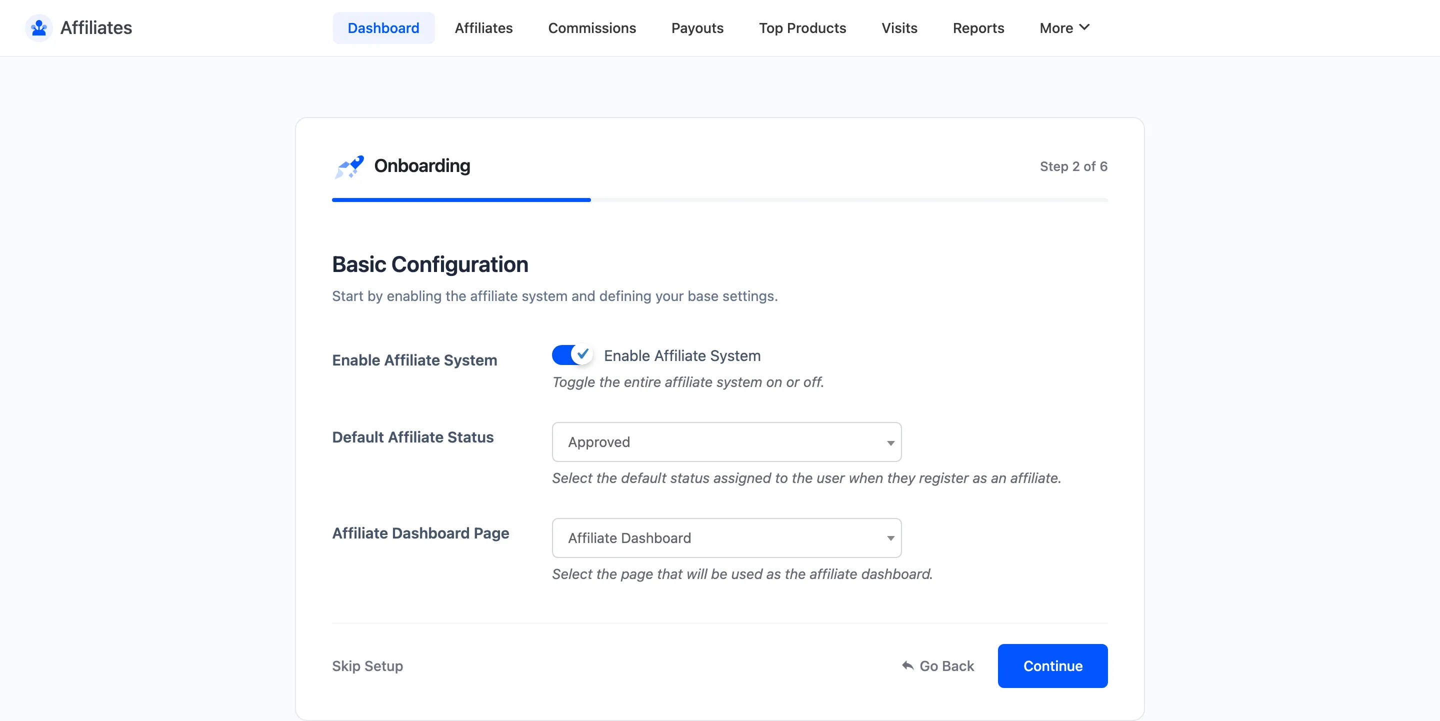 The Basic Configuration step with the enable toggle, default status and dashboard page fields
