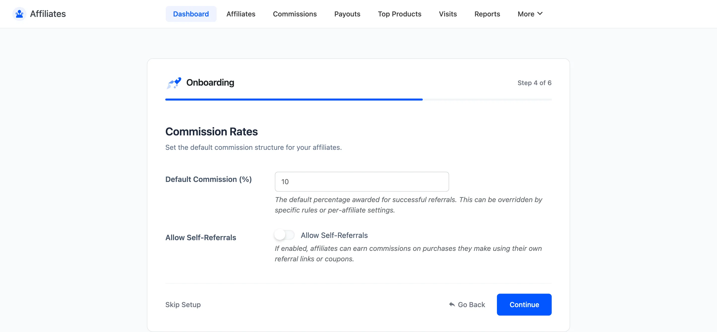 The Commission Rates step with the default commission percentage field