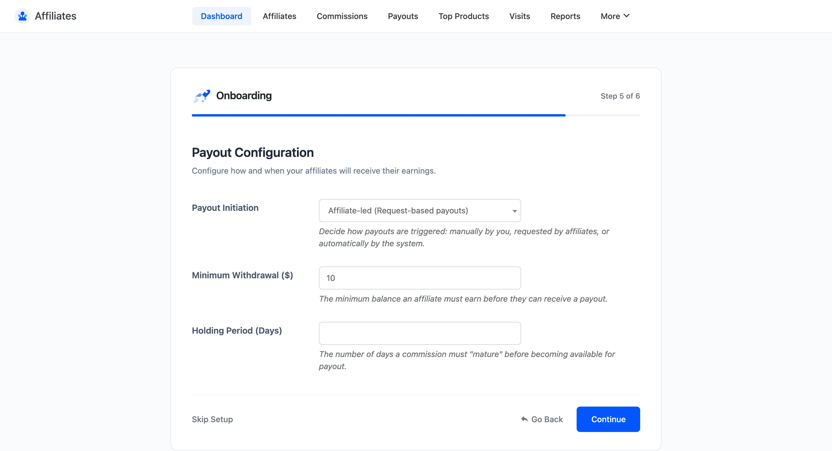 The Payout Configuration step with payout initiation, minimum withdrawal and holding period
